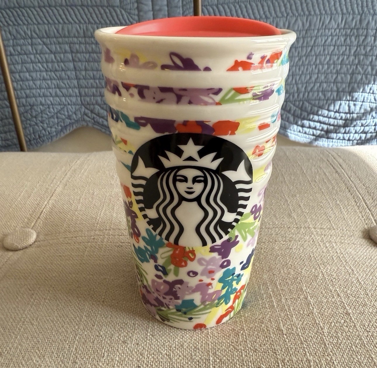 Rare Starbucks Floral Ceramic Travel Mug Multicolor with Drink Through Lid