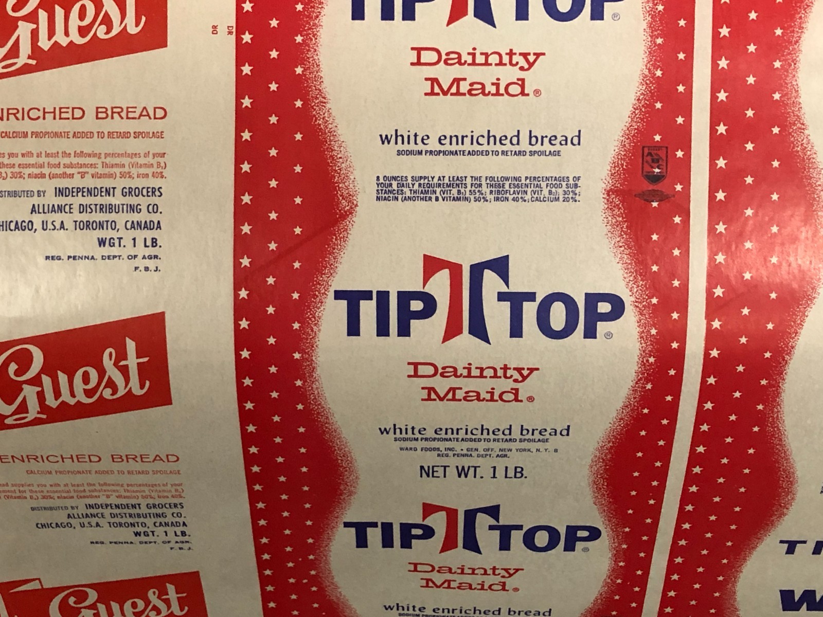 Vintage 1950s IGA Royal Guest & Tip-Top Bread Wrapper NOS Unused 24″ Wax Paper