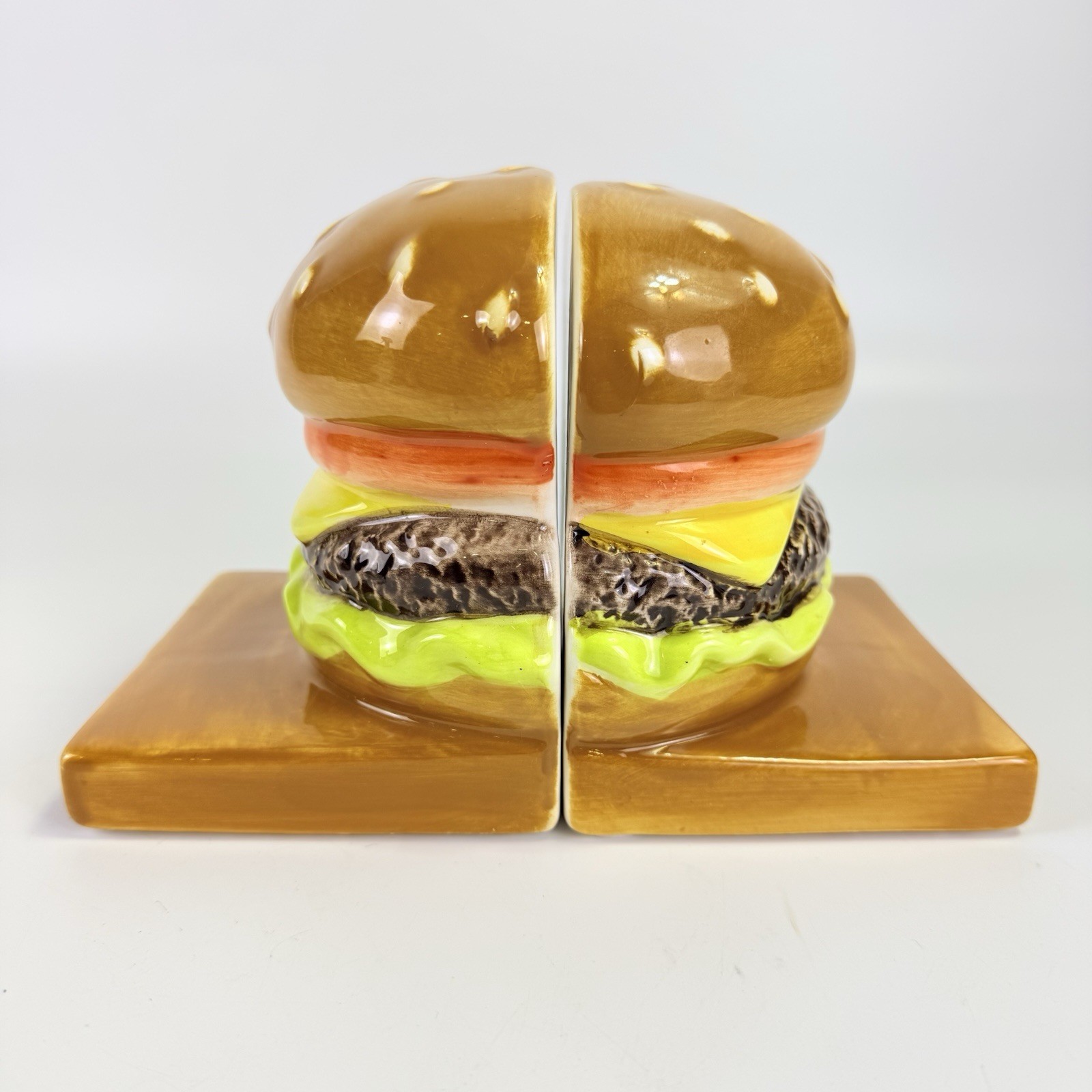 Vintage Cheeseburger Ceramic Bookends Hamburger Pop Art Diner Kitsch Decor Pair
