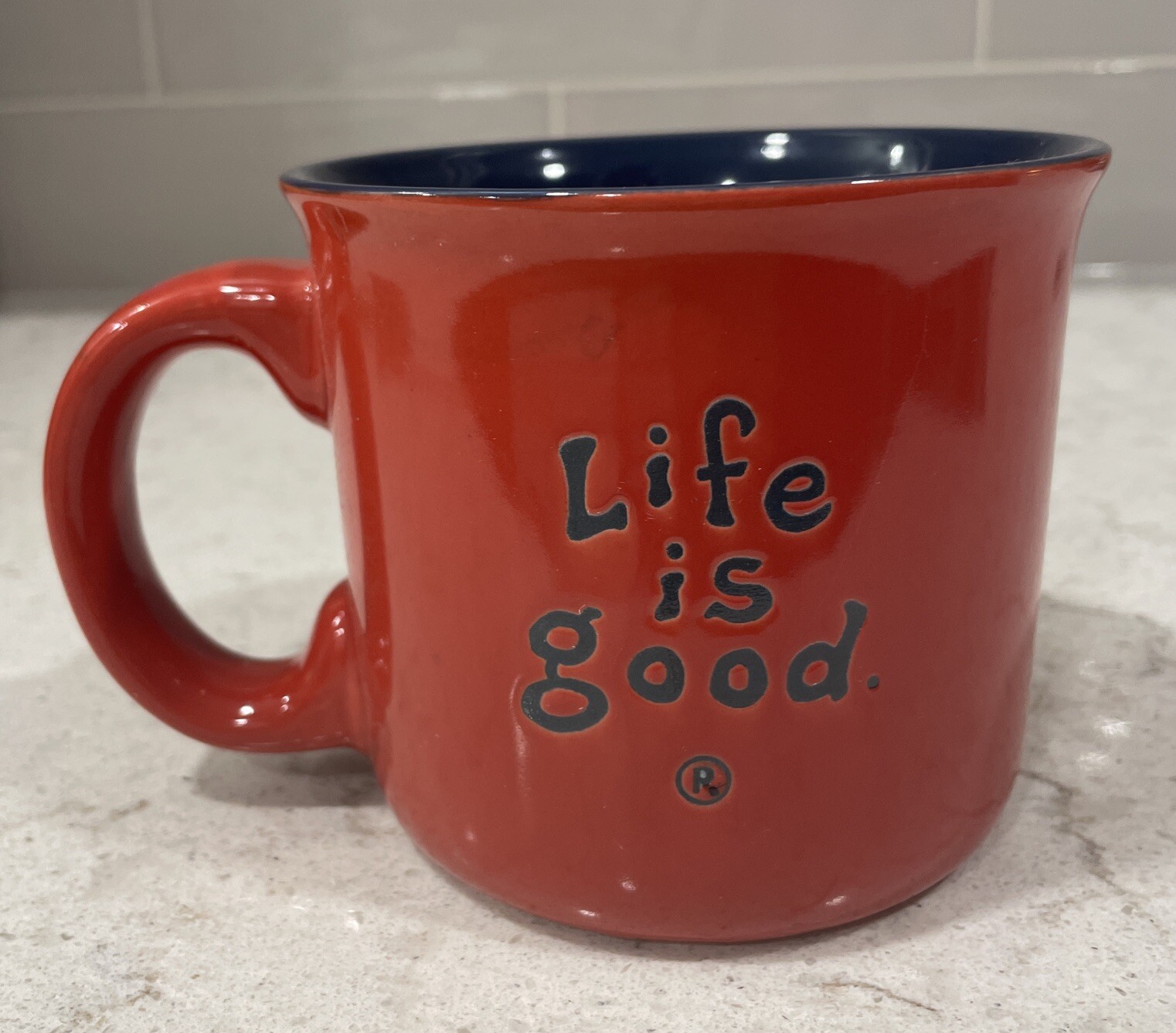 PEACE DOG AND CAT 2-sided Life Is Good Coffee Mug Red W/ Navy Blue Inside NEW