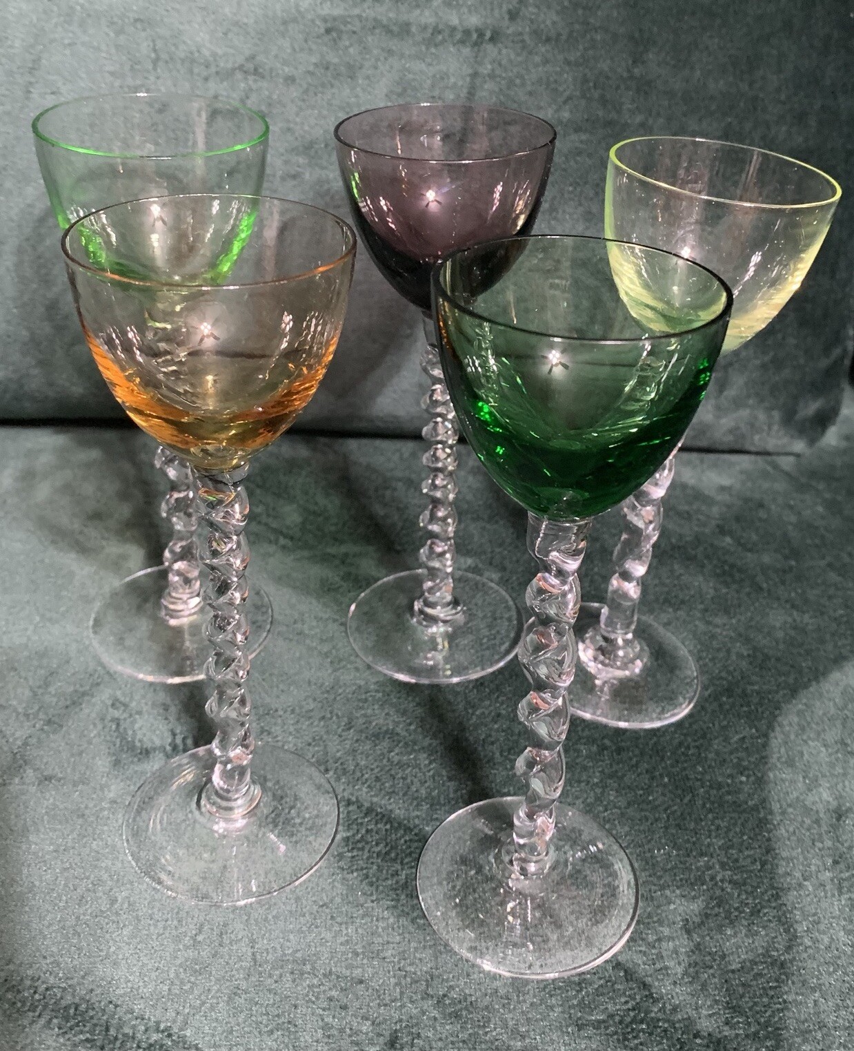Vintage Blown Glass Cordial Swirl Stemware, ½ oz Each, Set of 5, 6”H