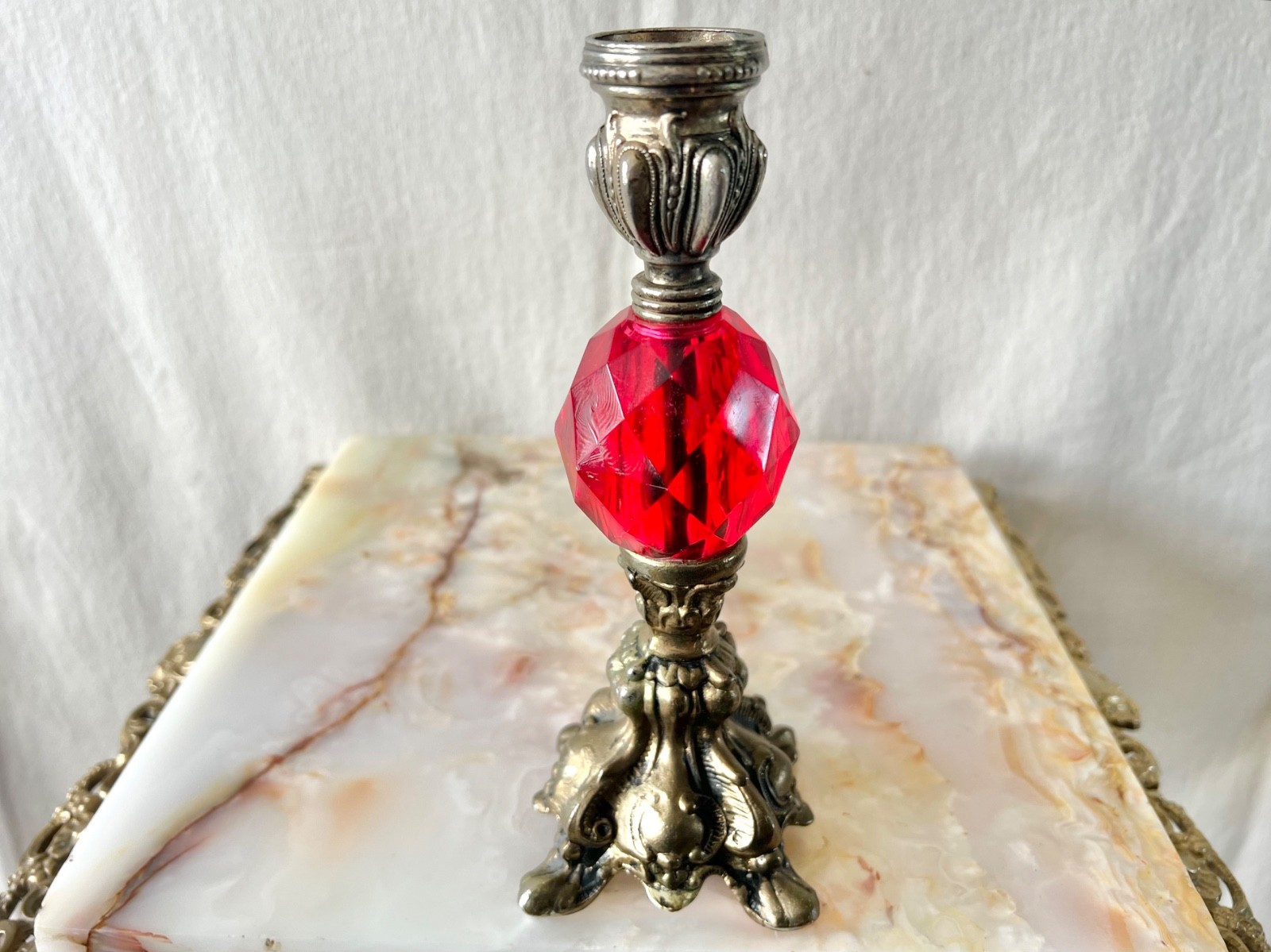 Vintage 1960’s Red Lucite Candle Holders Silver Tone Gothic Baroque Set