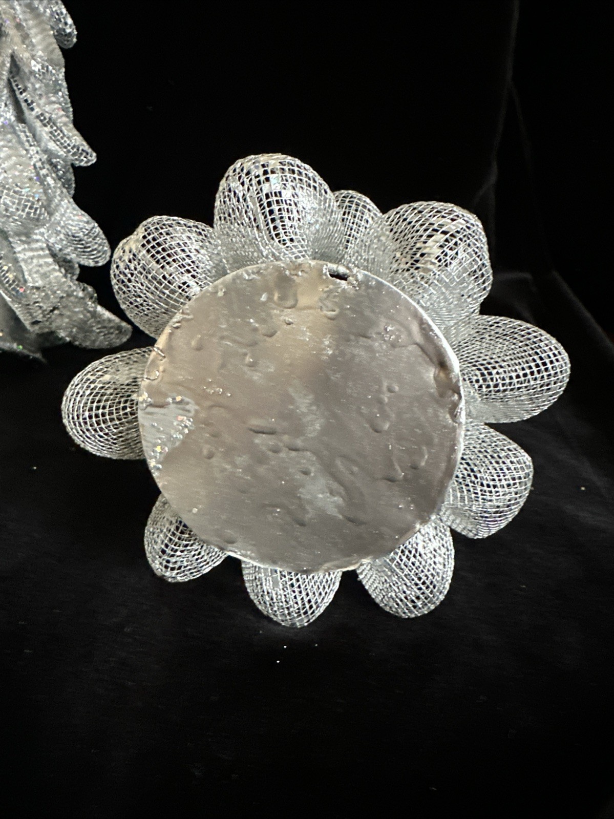 Tabletop Glittery Silver Mesh Christmas Trees 12” And 9”