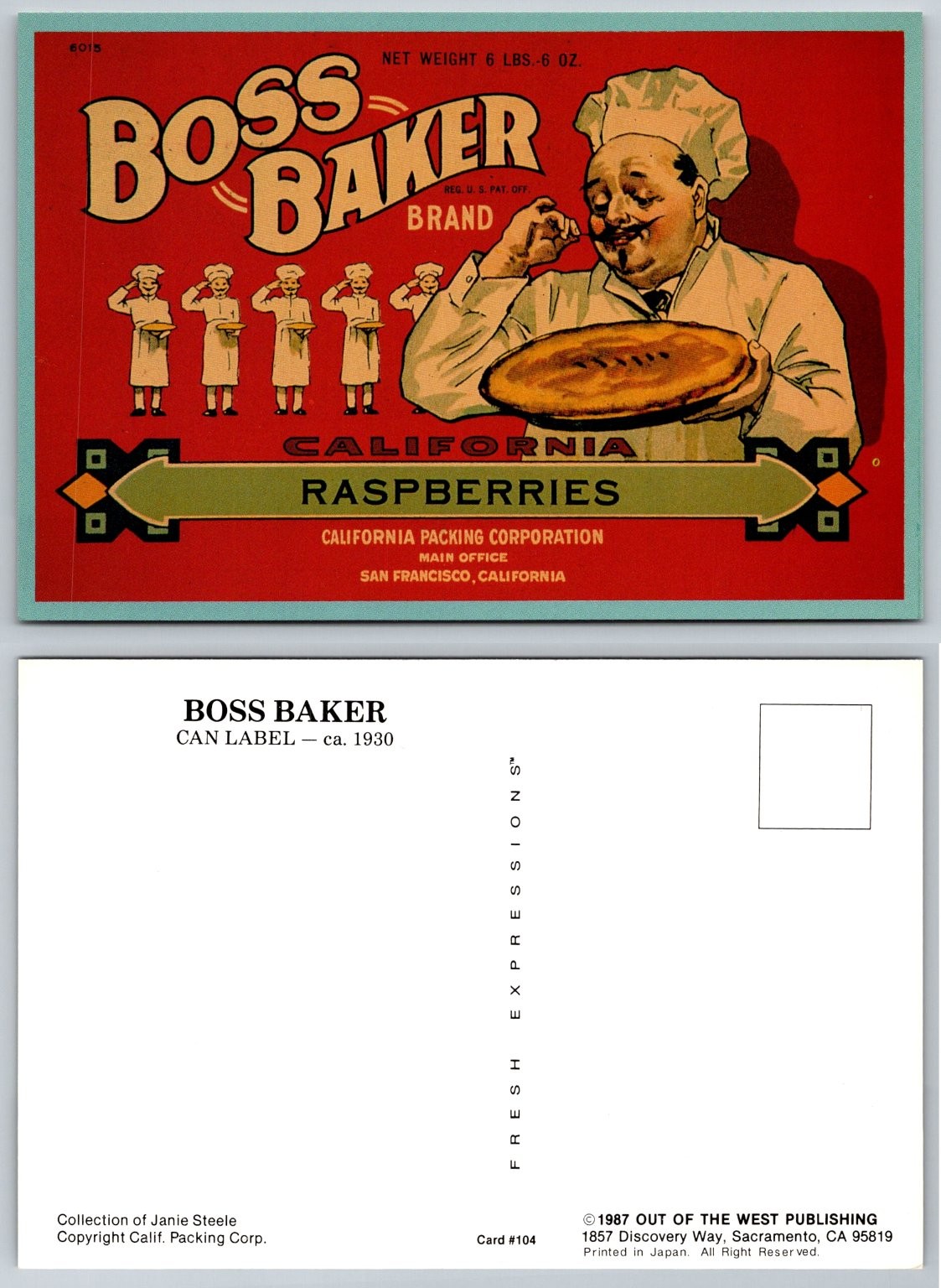 Boss Baker California Raspberries Can Label Art Postcard c1930 Chef Food