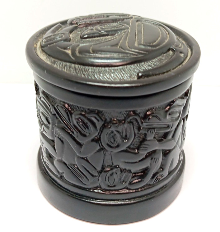 Boma Canada Round Lidded Trinket Box Handmade Crushed Marble Resin Tribal Motif