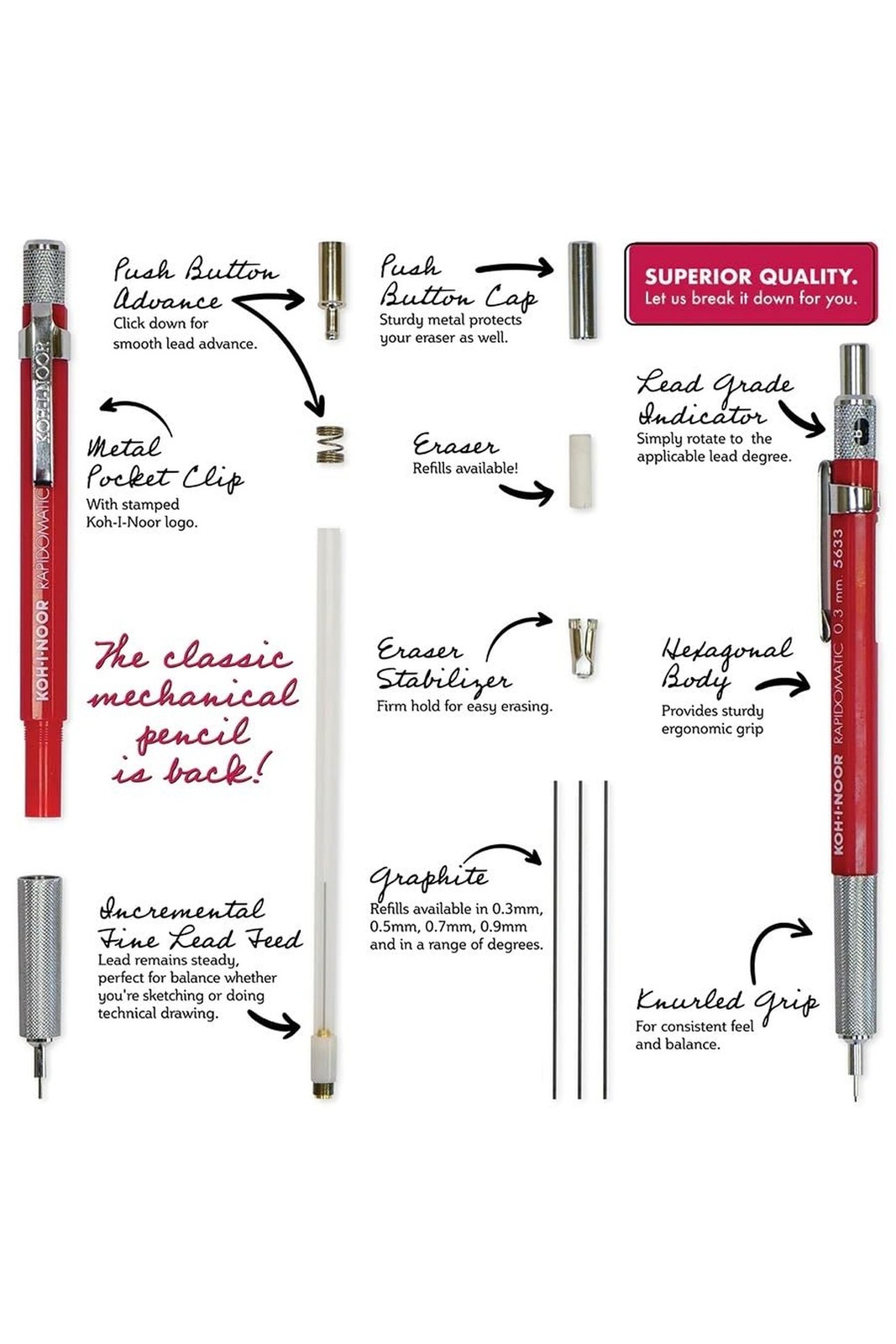 Koh-I-Noor Rapidomatic Mechanical Pencil, 7mm lead, Gray, 1 Each (5637) .7 mm