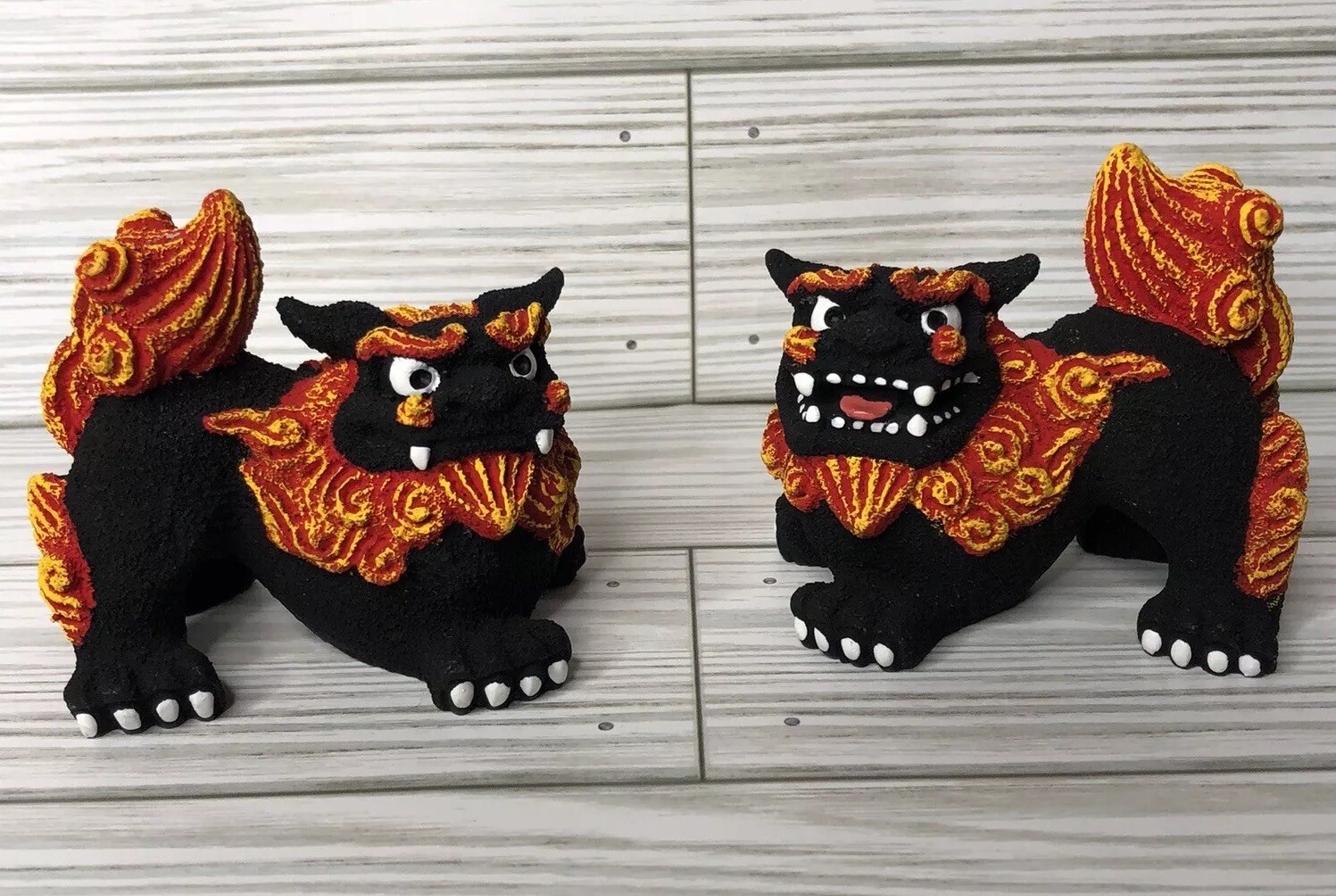 Black Red Yellow Foo Dogs Lions Pair Set Of 2