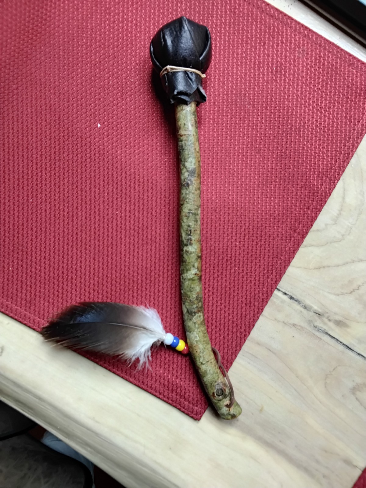 Native American 12.5 in. ceremonial hand drum stick/beater w/beads and feathers