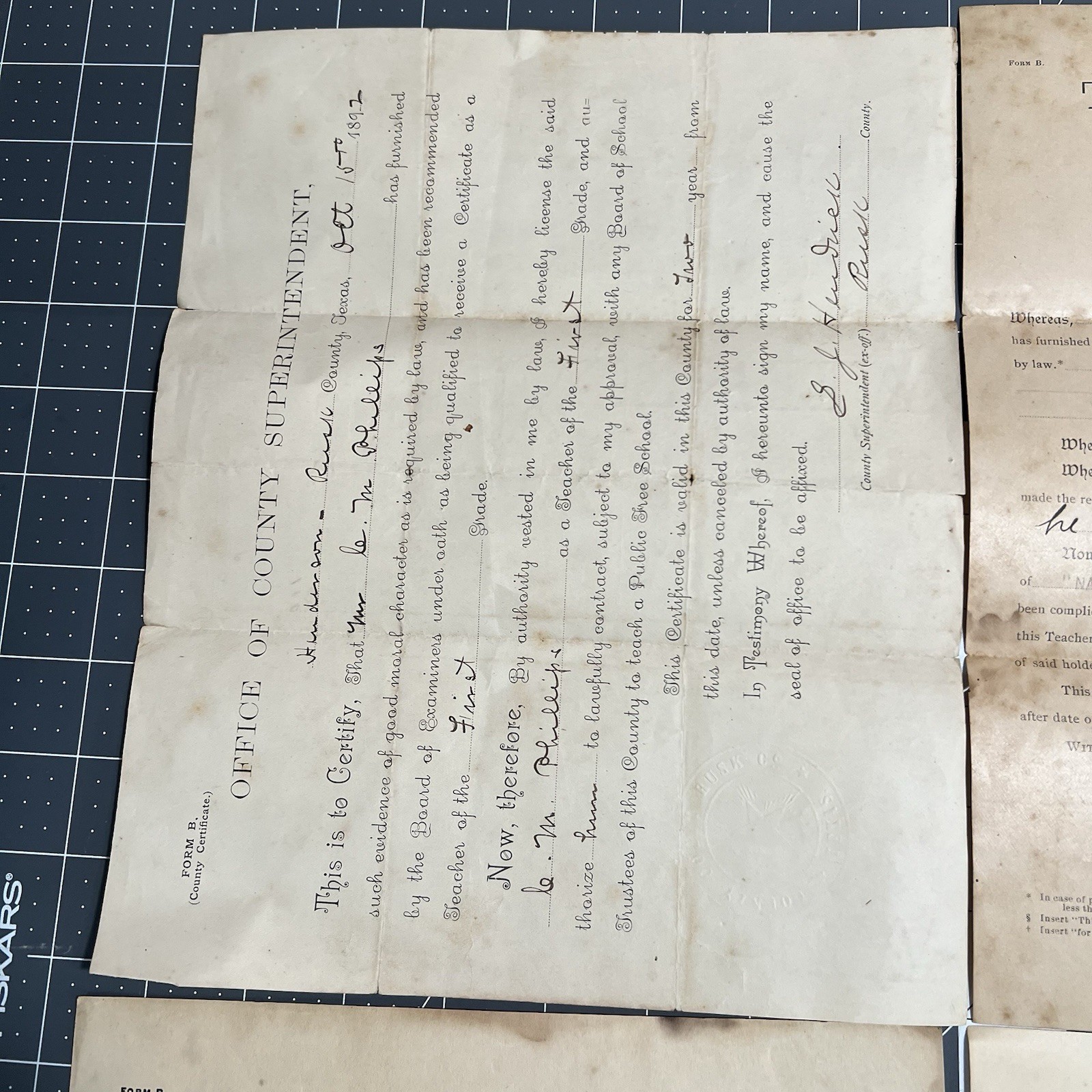 Antique Teachers Certificates Nacogdoches TX Rusk C.M. Philips V.E. Middlebrook