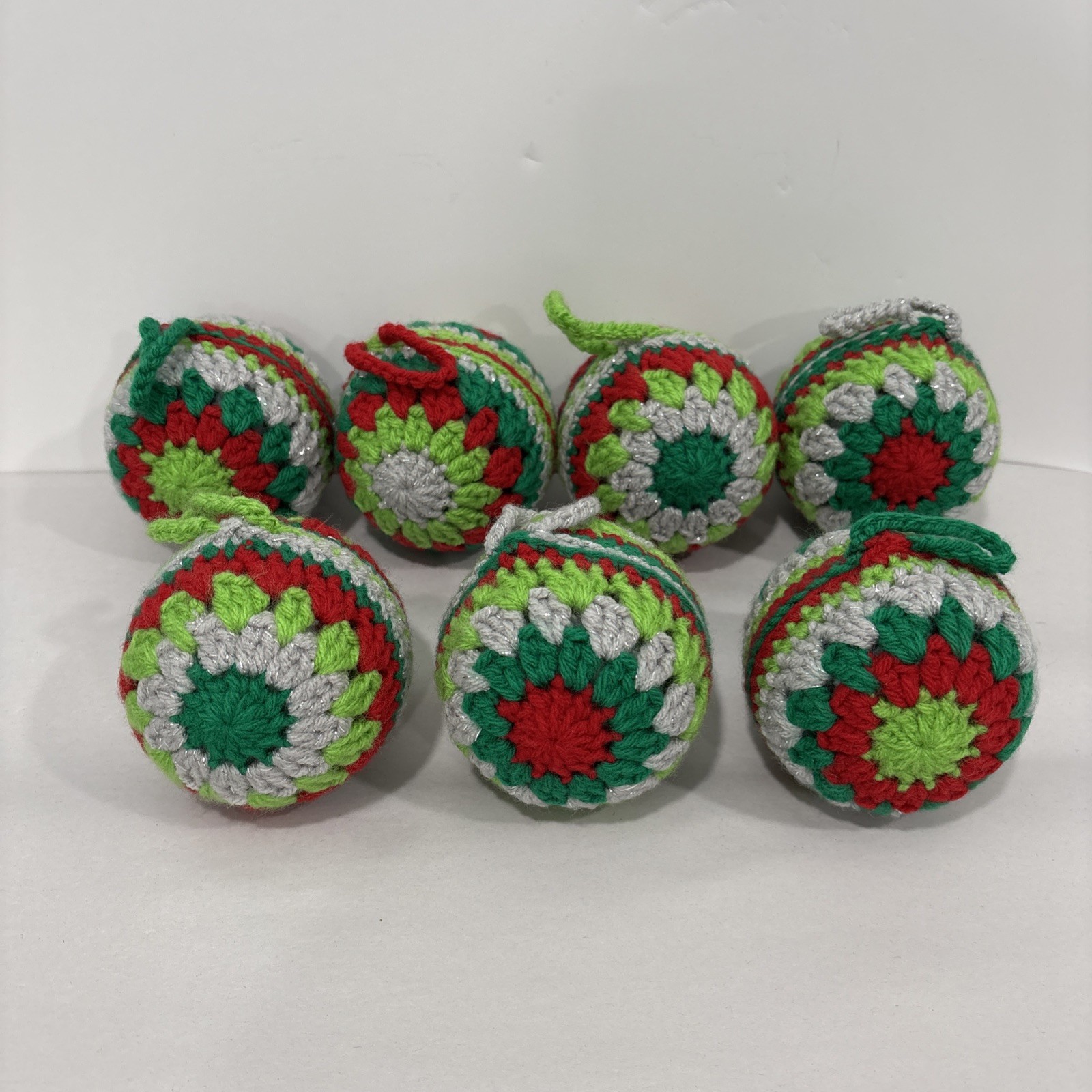 7 Handmade Crocheted Christmas Ornaments Red,Green,Silver Balls