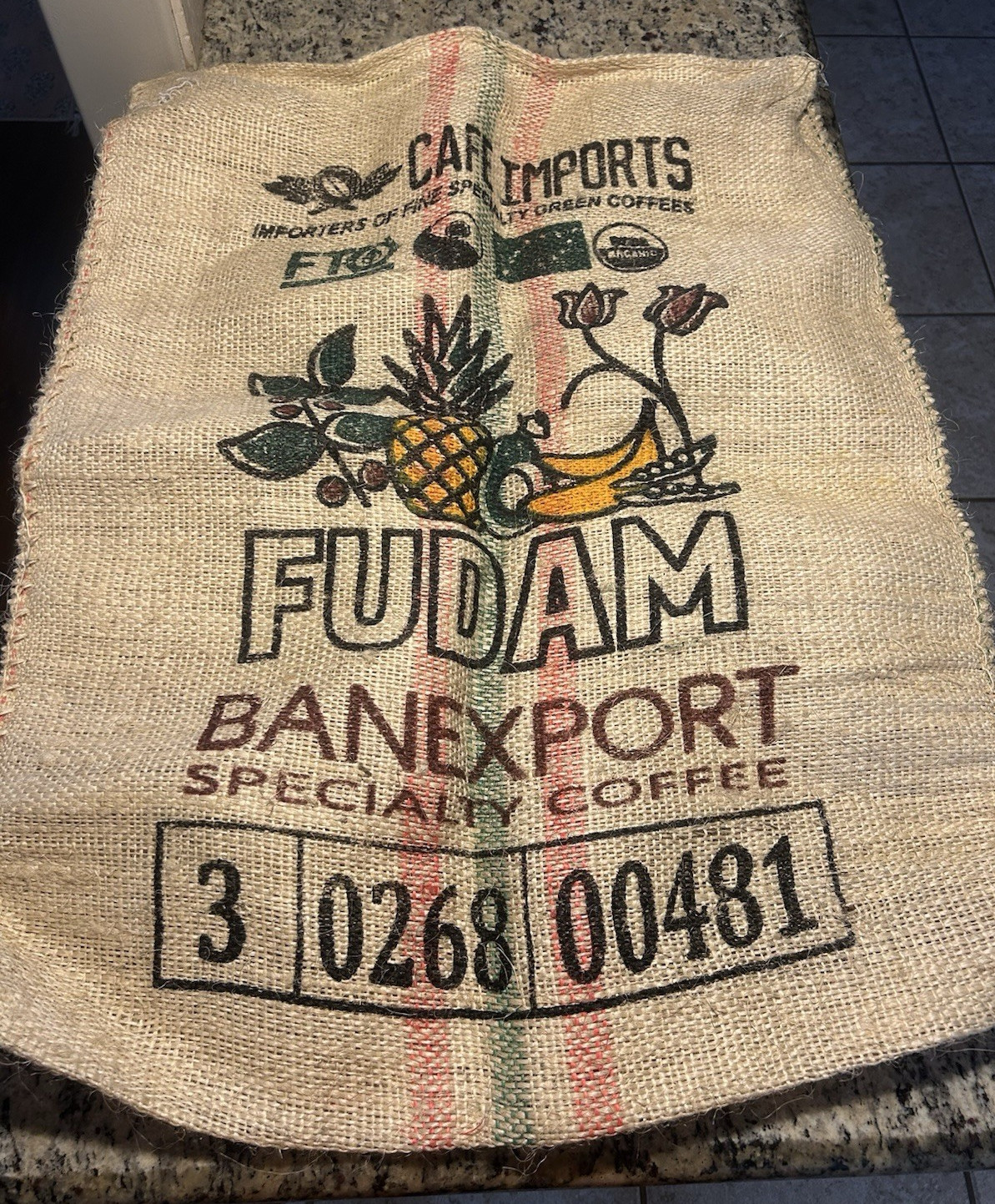 Vintage Colorful FUDAM ORGANIC COFFEE XL 37” x 29” Burlap Sack Bag EUC 70KG