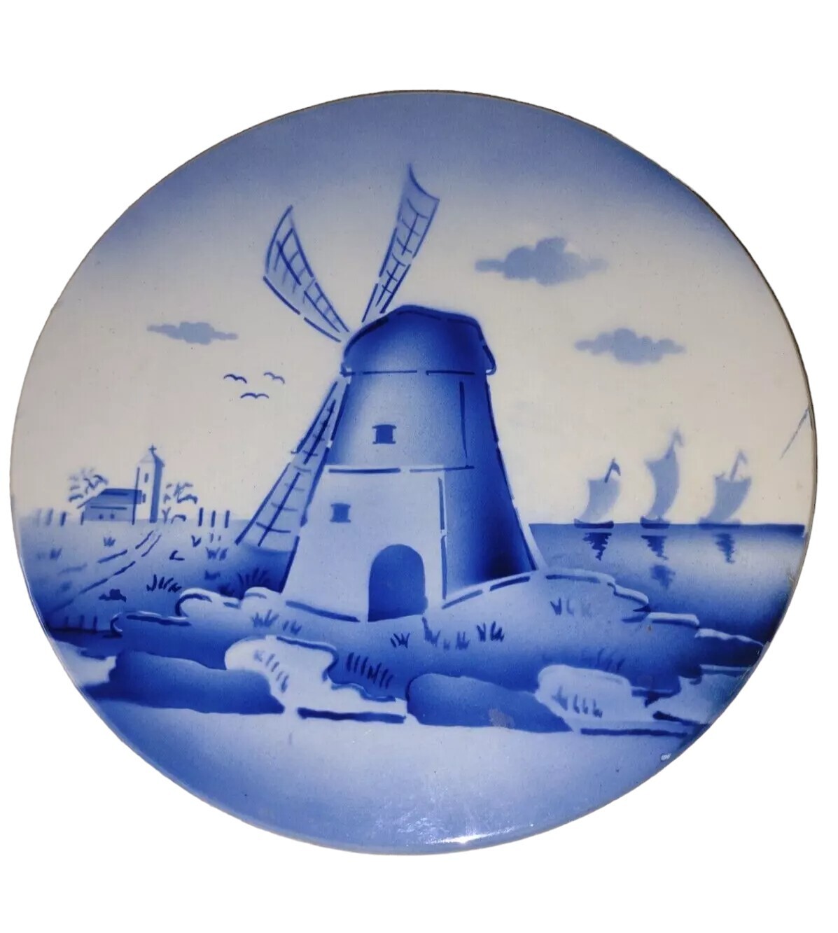 Vintage Blue and White Pottery Windmill and Sailboats Holland Wall Plate 8″