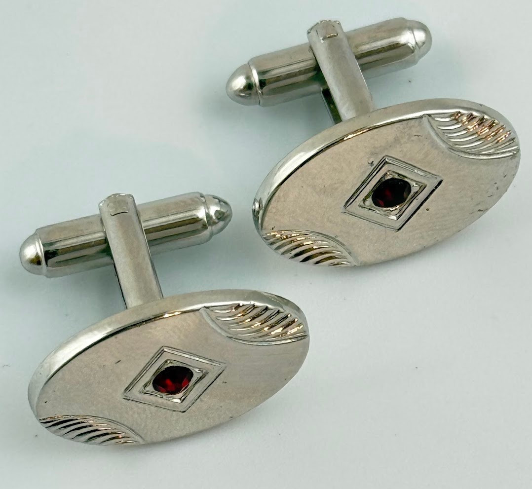 Vtg Shields Silver Tone Cufflinks Deep Red Rhinestone Diamond Accent Mid Century