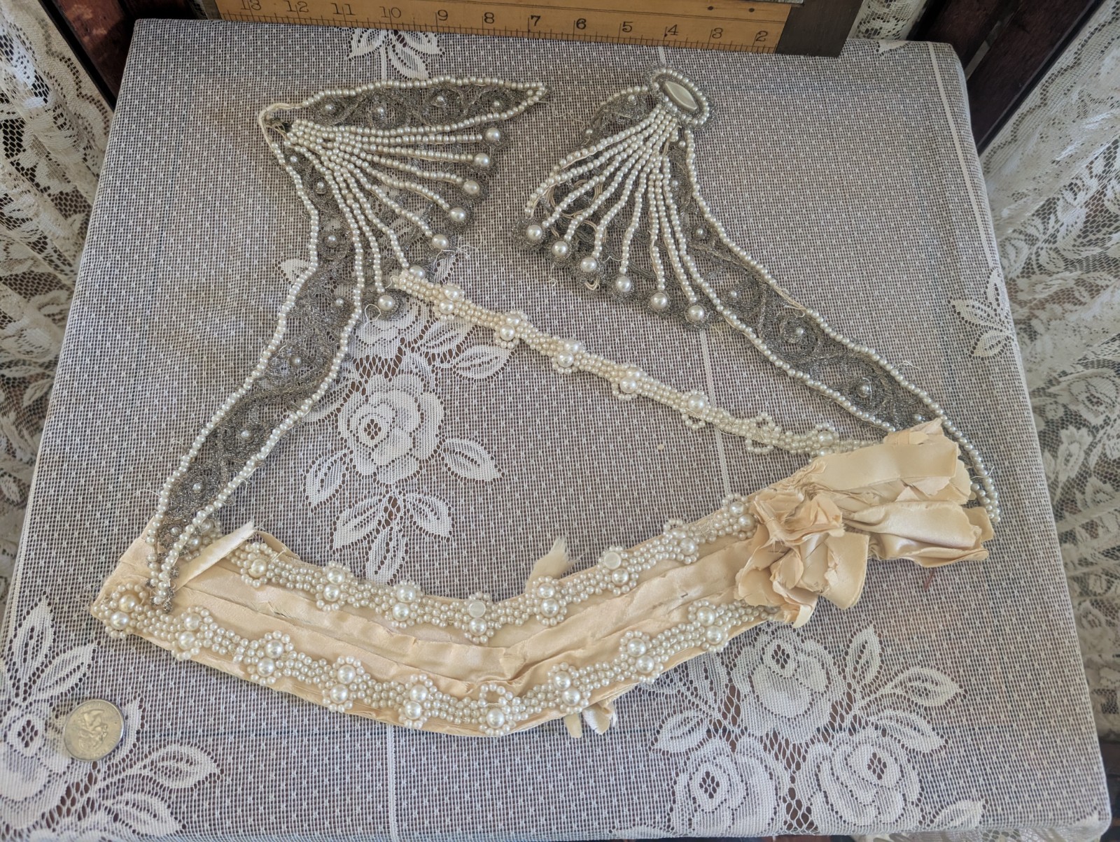 Vintage Antique Deconstructed Dress Applique Parts Beads Beaded Faux Pearls Lot