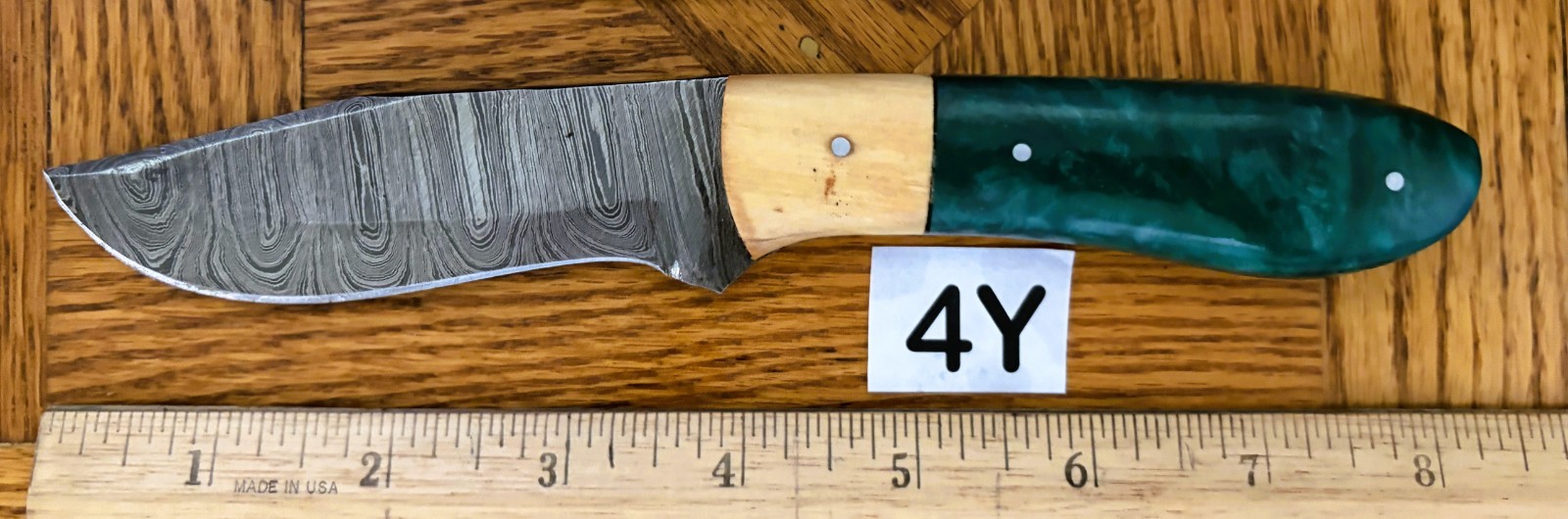 DAMASCUS STEEL SKINNING KNIFE-HARDWOOD and MICARTA HANDLE #4Y