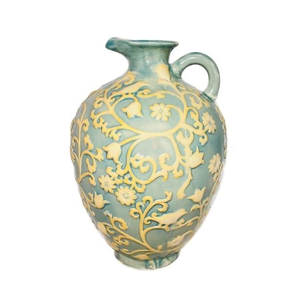 Vtg Pitcher Art Pottery Handle Pour Spout Birds Vines Floral Multi-Color 6″Wx9″H