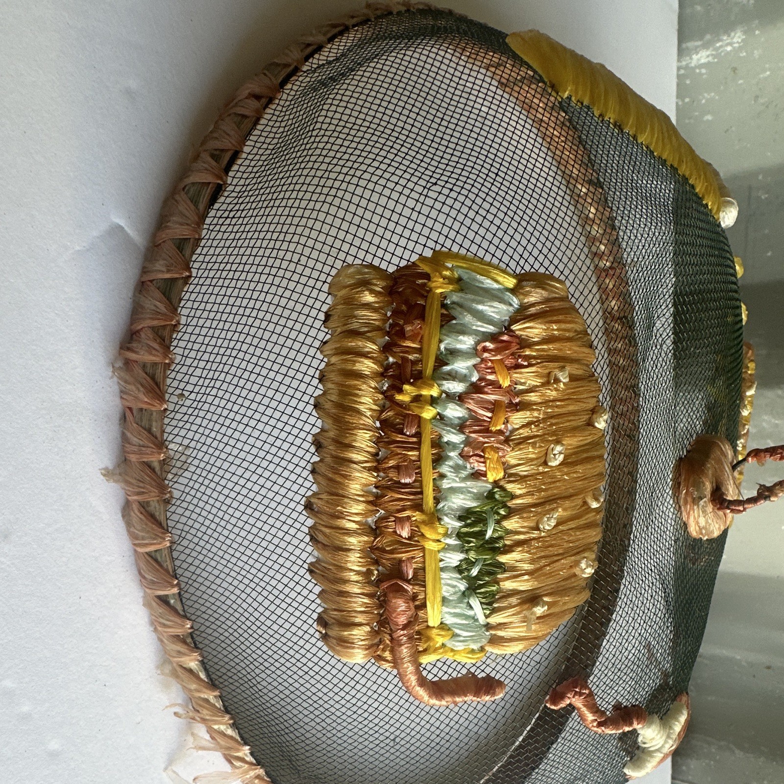 Vintage Round Wicker Mesh Fly Cover Basket w/ Handle, Embroidered Spools