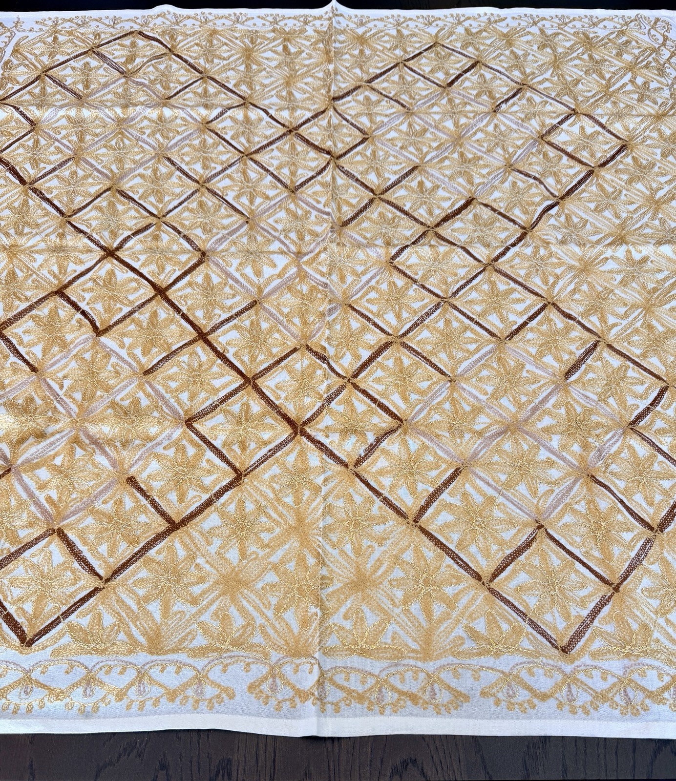 Table cloth for Square Tables Size: 57 x 57 Inches Approx. Beige With Gold