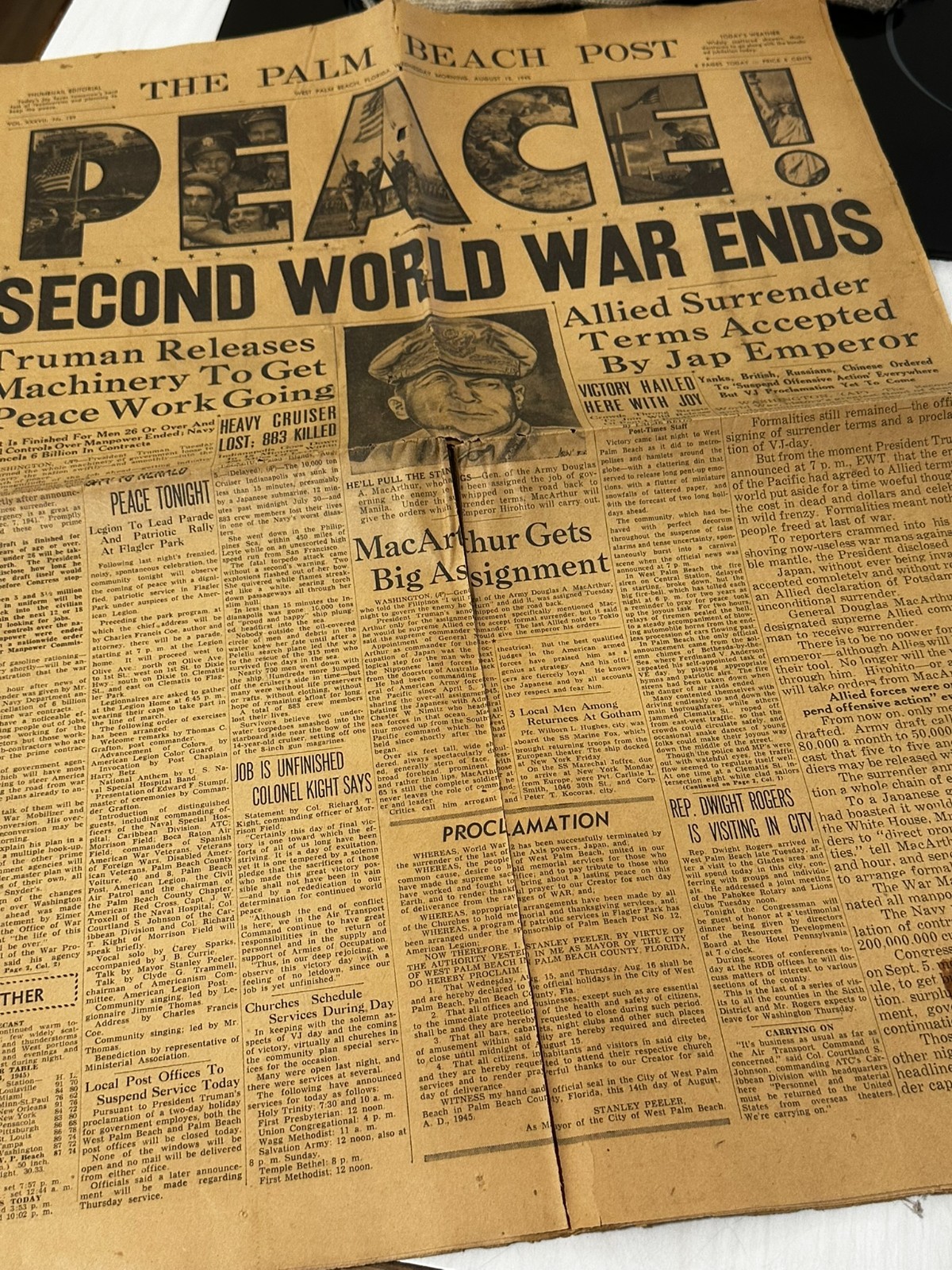 The Palm Beach Post August 15, 1945 ~ PEACE! Second World War Ends ~ NEWSPAPER