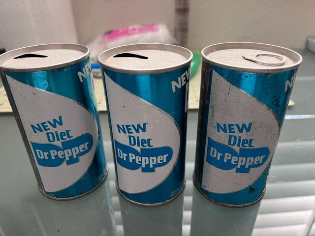 LOT OF 3 1967 DIET DR. PEPPER STEEL SODA CANS – ,VINTAGE PULL TABS!
