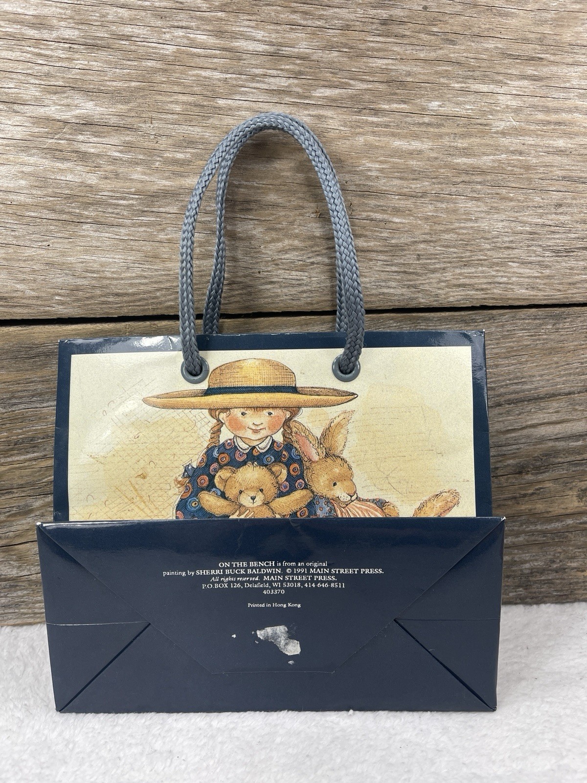 1991 Sherri Buck Baldwin Gift Bag ON THE BENCH Bunny Rabbit Bear 7x6x3 Easter