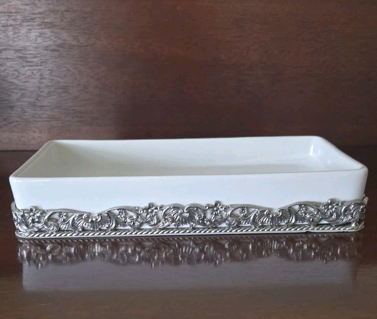 Simply Shabby Chic Vanity Trinket Tray-White w/Silver Tone Metal Floral Base-HTF