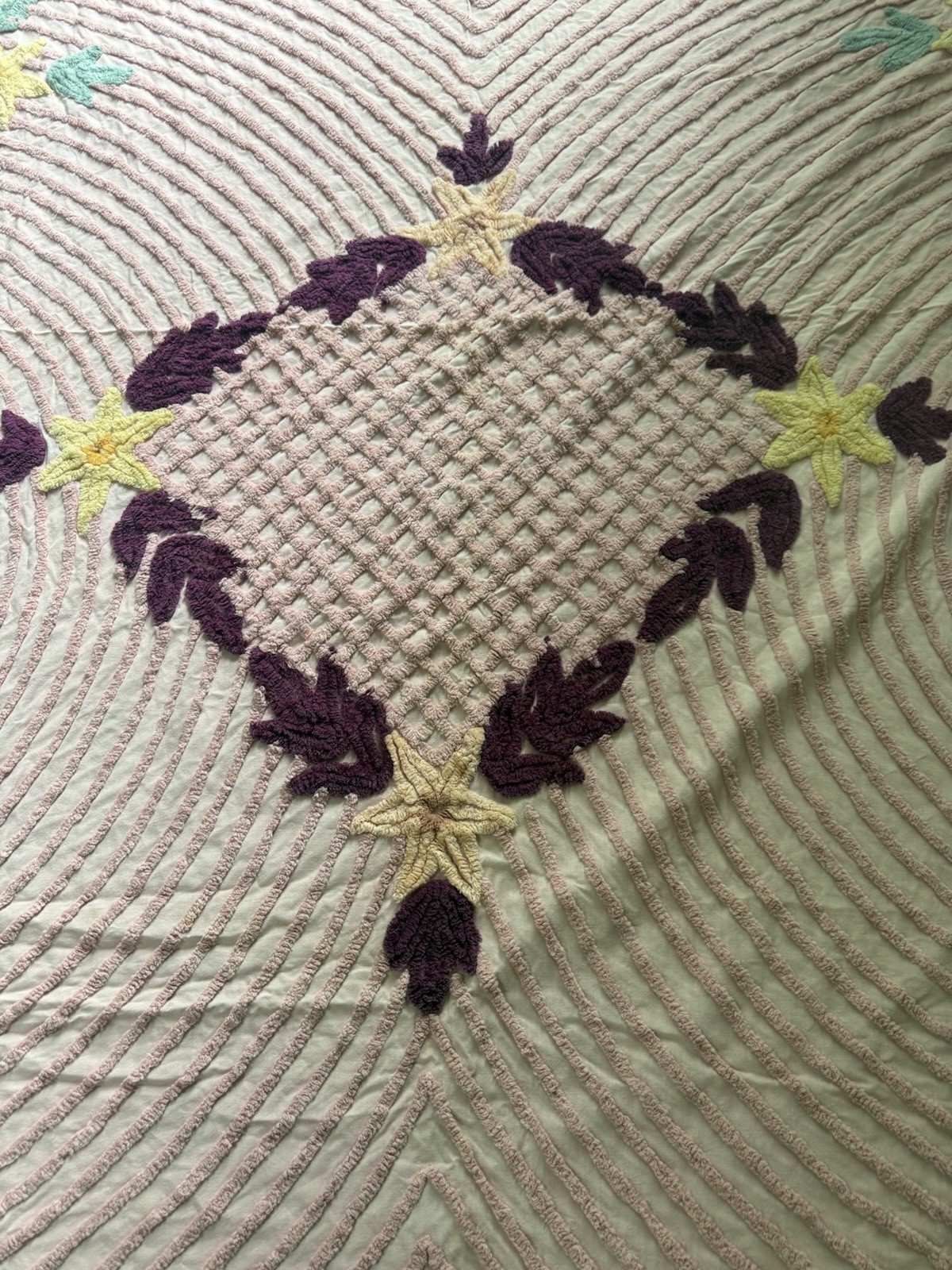 Vintage Chenille Bedspread Pink W/ Flowers 102” X 87”