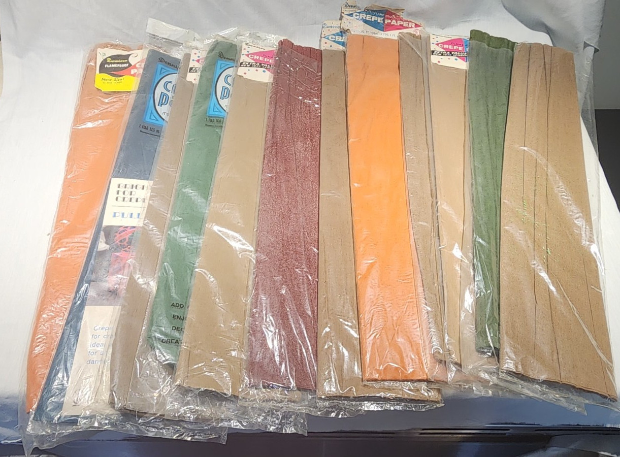 12 Pkg Vtg DENNISON Crepe Paper Fall Colors Crafts 10Ft x 20″ Green Tan Orange