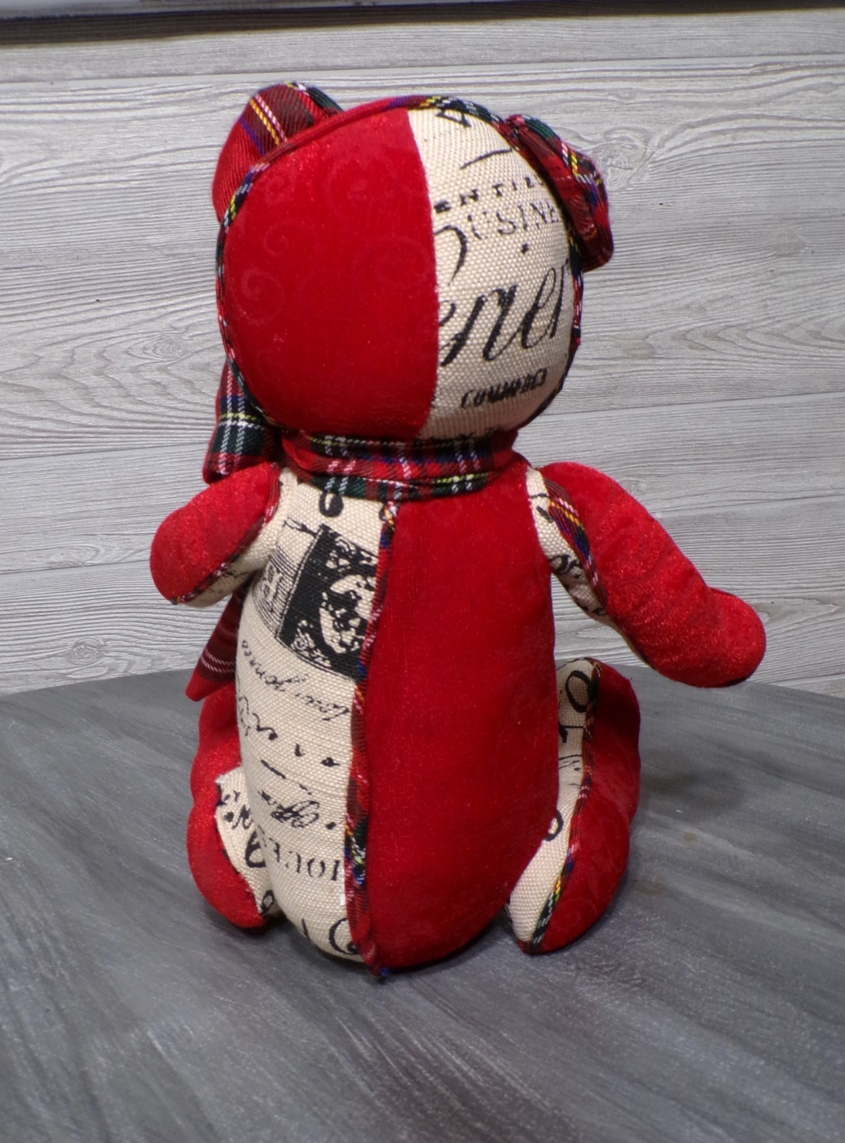 Vtg Christmas Teddy Bear Plush Red Velvet Canvas Print Sleigh Bell Plaid Bow 12″