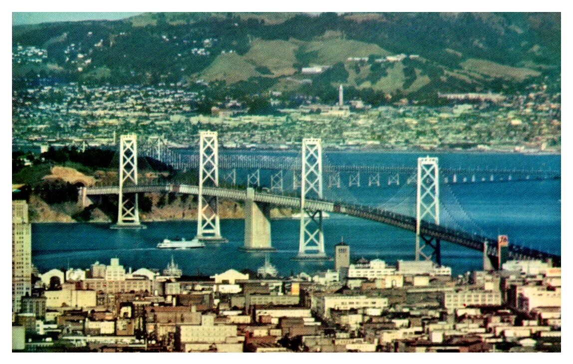 1950s Distant View San Francisco Oakland Bay Bridge California Vintage Postcard