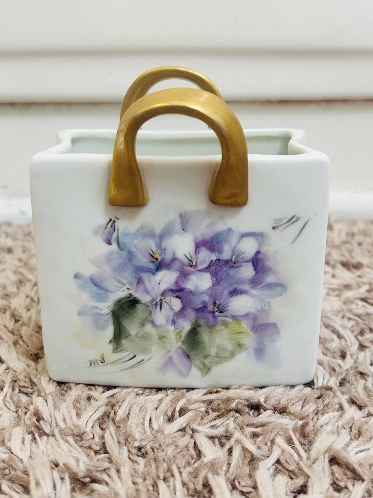 Vtg Miniature Ceramic Shopping Bag Gilded Handle Purse Floral Country Signed MS