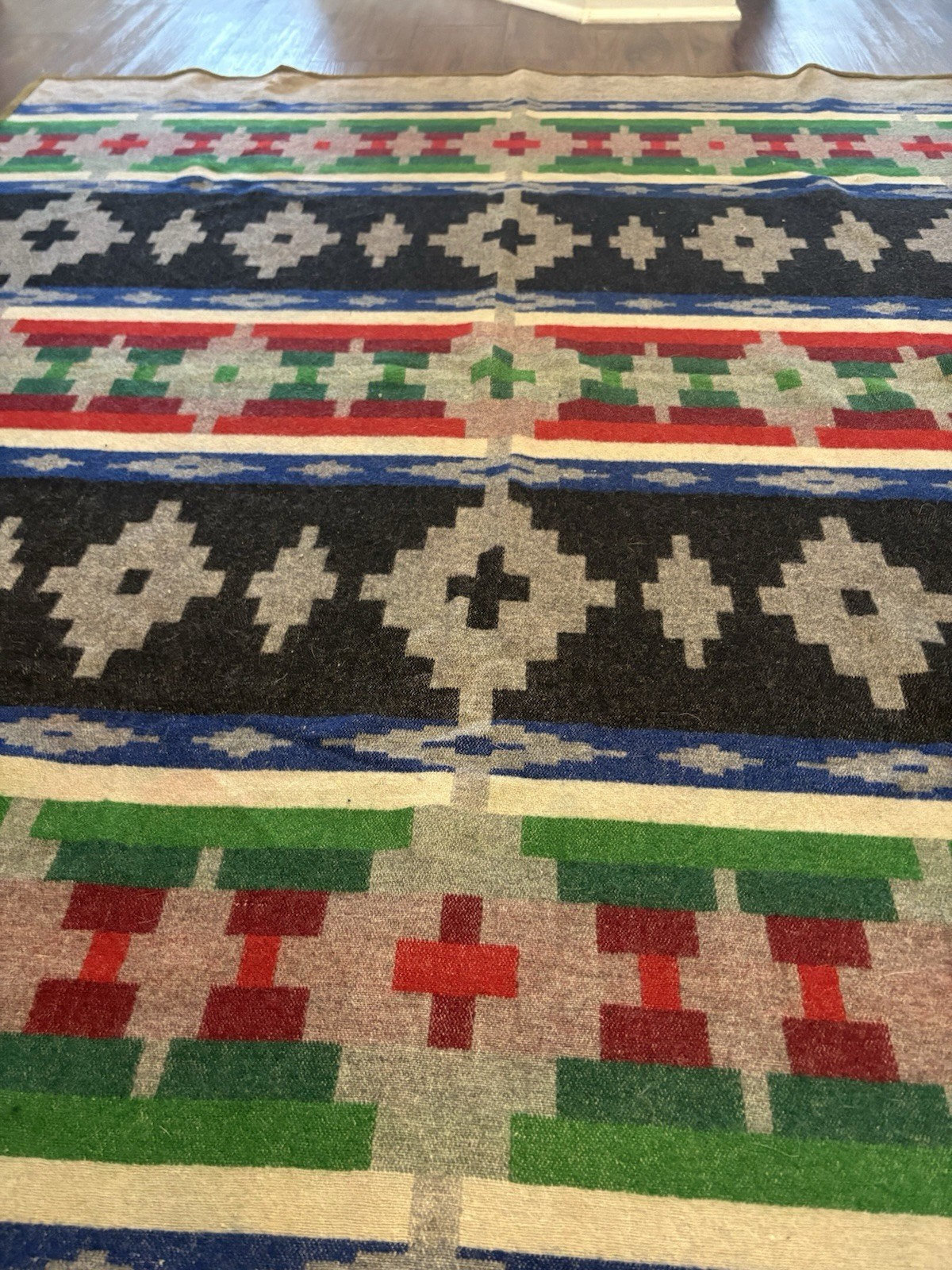 1920s-1930s Vintage Pendleton Wool Blanket Gray Black Blue Red Green 72” X 60”
