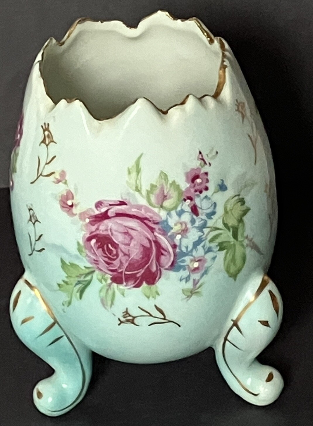 Vintage Inarco Japan Porcelain Blue Cracked Egg Vase Hand Painted Gold Guilt