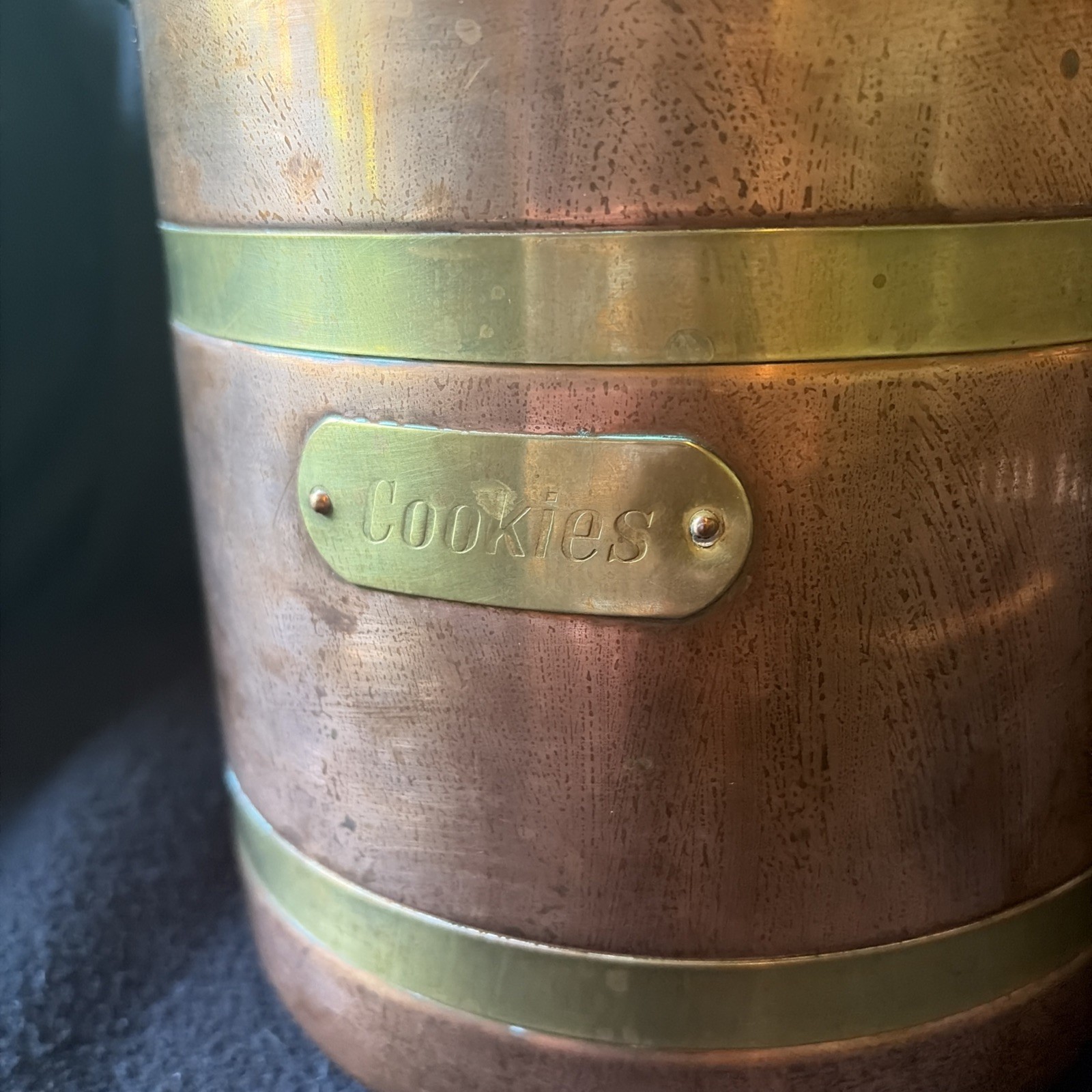 Vintage Solid Copper & Brass Cookie Jar – Nickel Lined w/ Aged Patina 7”x6.5”