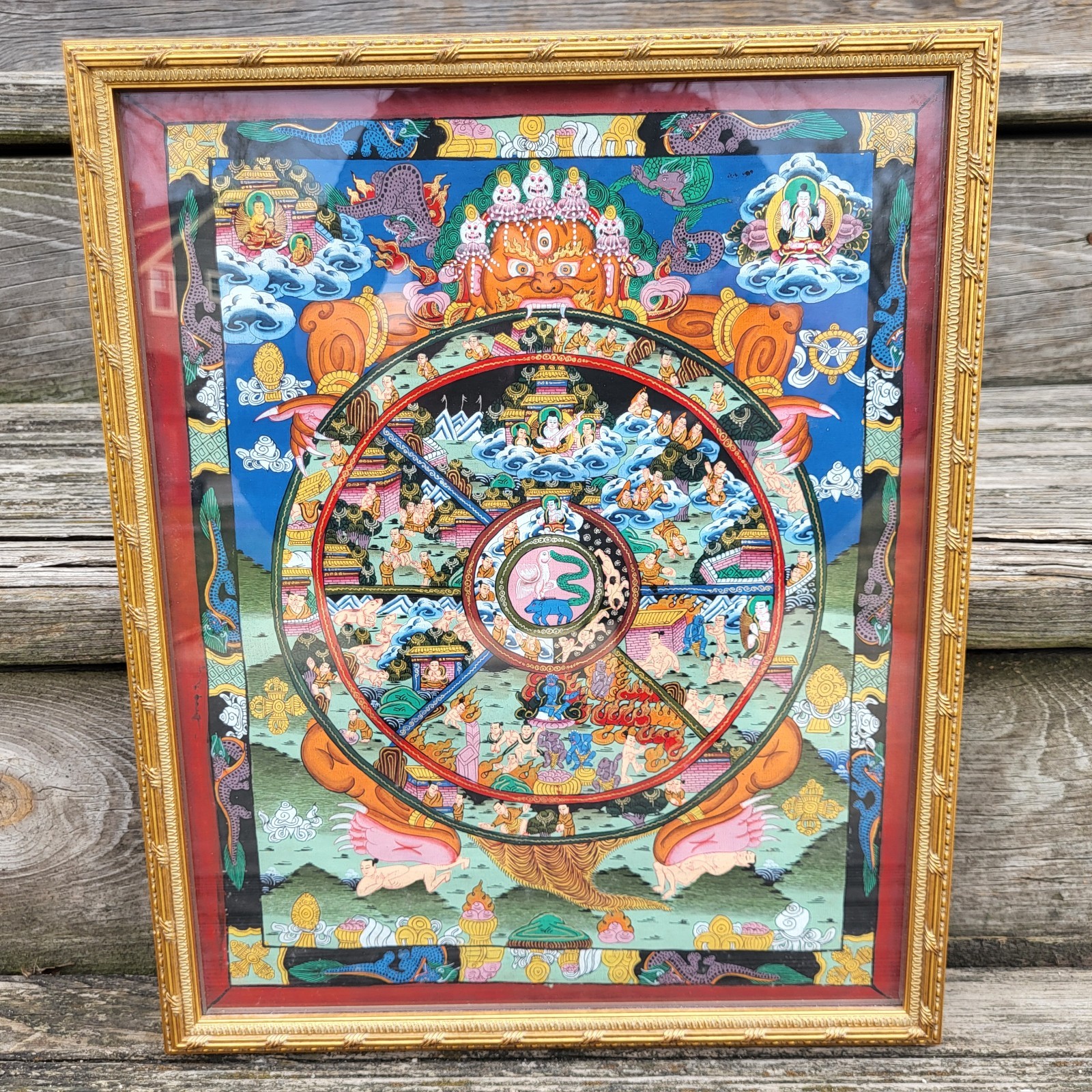 Vintage Tibetan Thangka Wheel of Life Bhavachakra Painting With Gold Detail
