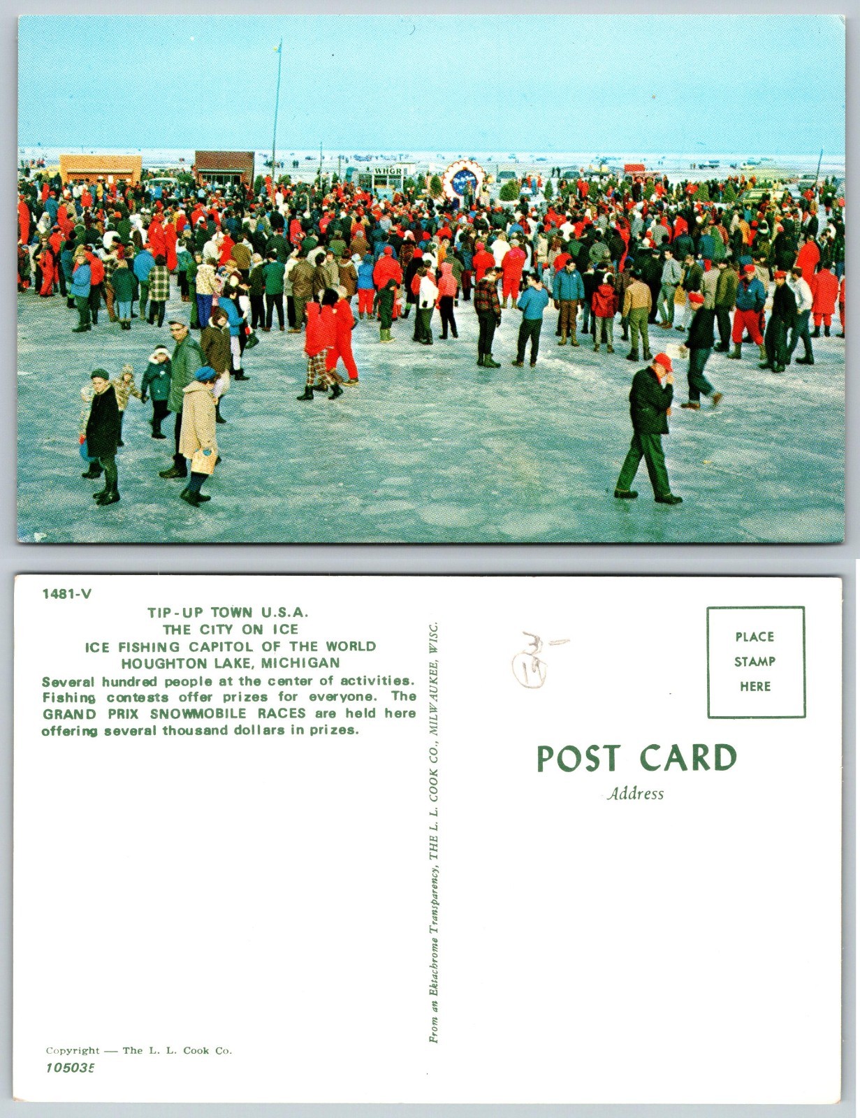 Postcard Tip Up Town USA Ice Fishing Houghton Lake Michigan MI Vintage View Q1