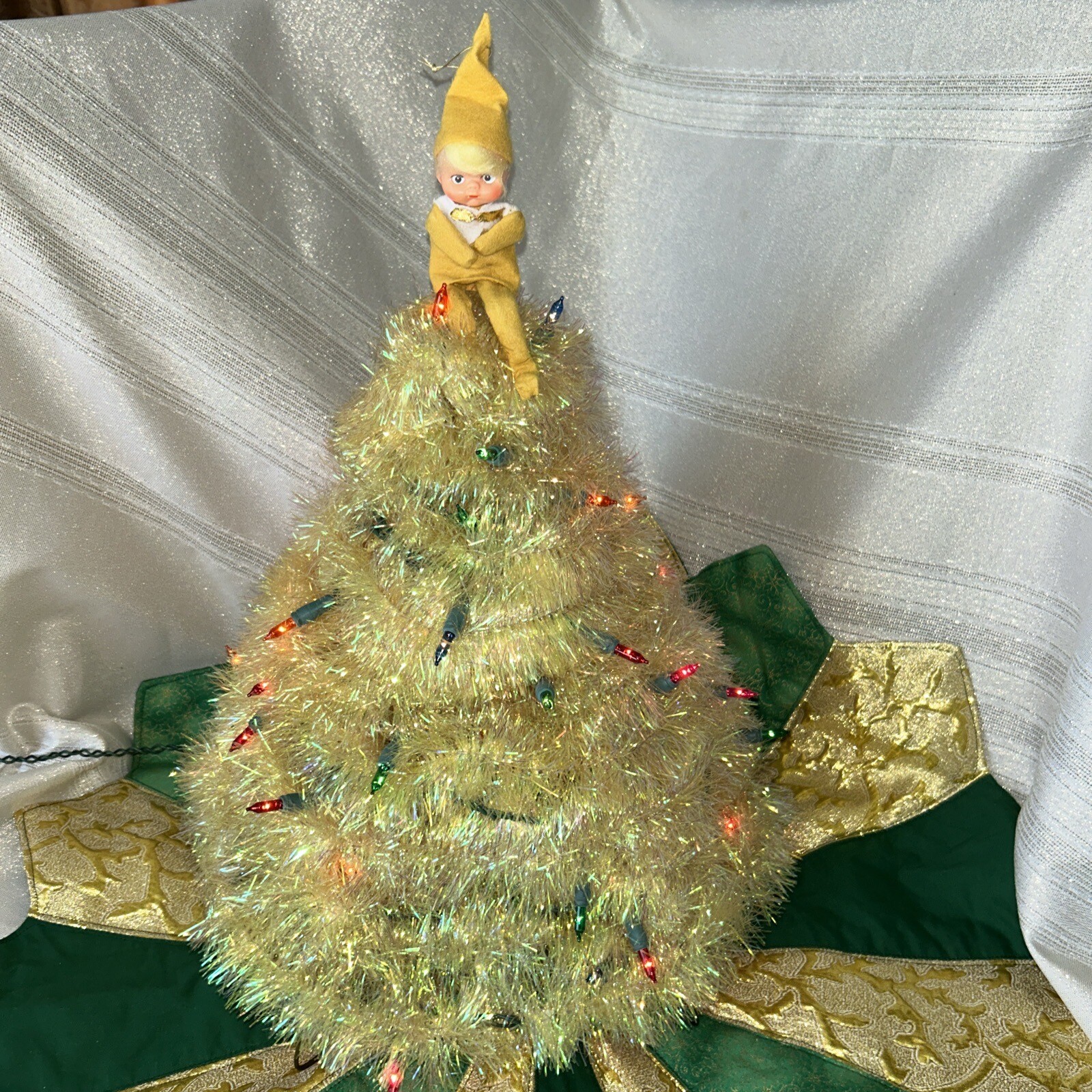 Vintage 16” Golden Christmas Tree W/ Elf Topper W/ Quilted Tablecloth Hand Made
