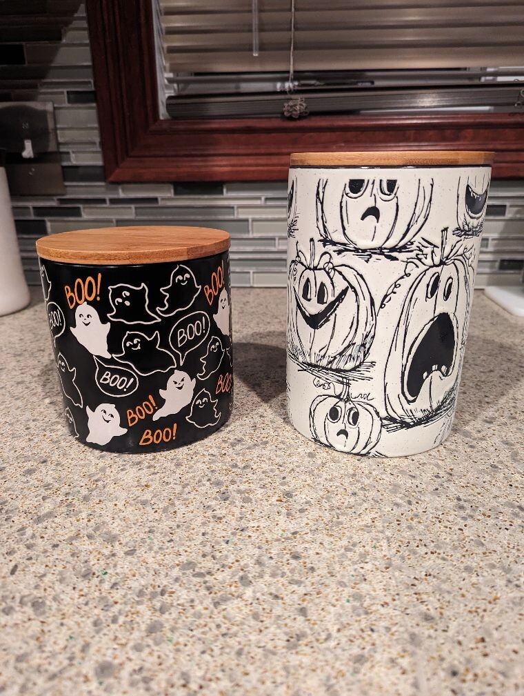 Eli + Ana Ceramic Pumpkin Jack O’Lantern & Ghost Canister Wood Lid Halloween NEW
