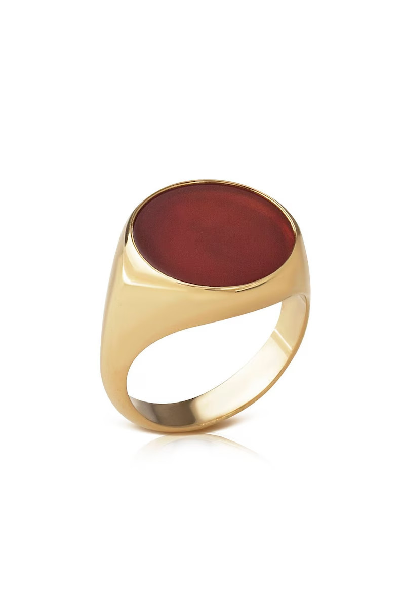 18K Yellow Gold Over Deep Red Carnelian Signet Personalized Men’s Chunky Ring