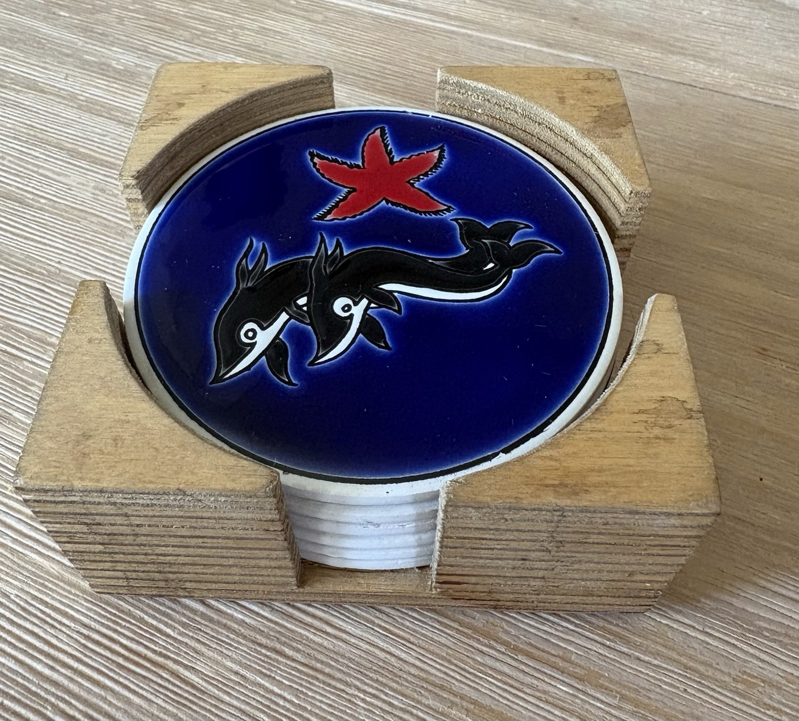 NASSOS Handmade Dolphin Ceramic Coaster Set of 6 w/ Medium Brown Wood Holder