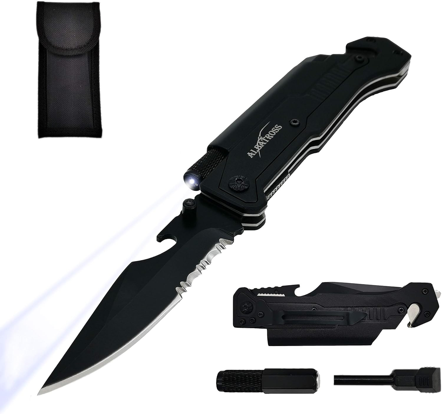 6-In-1 Survival Tactical Military Folding Pocket Knives with LED Light,Seatbelt