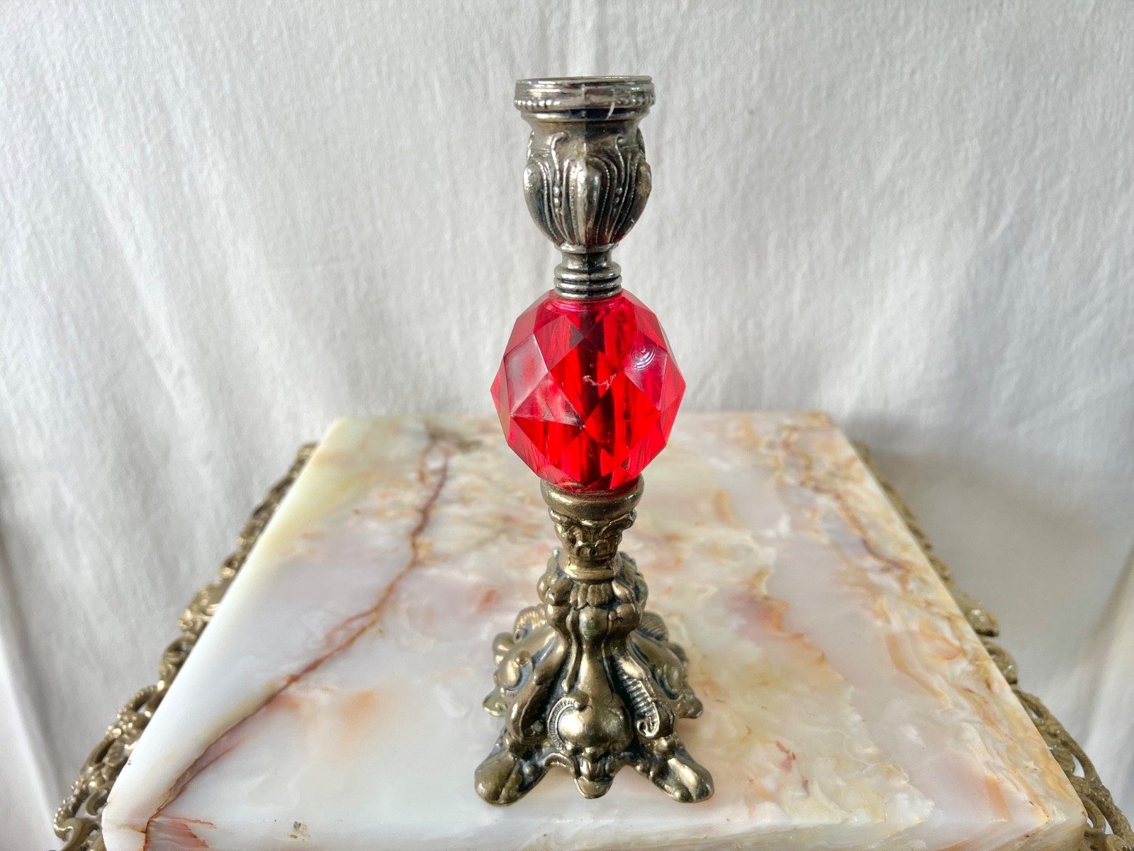 Vintage 1960’s Red Lucite Candle Holders Silver Tone Gothic Baroque Set