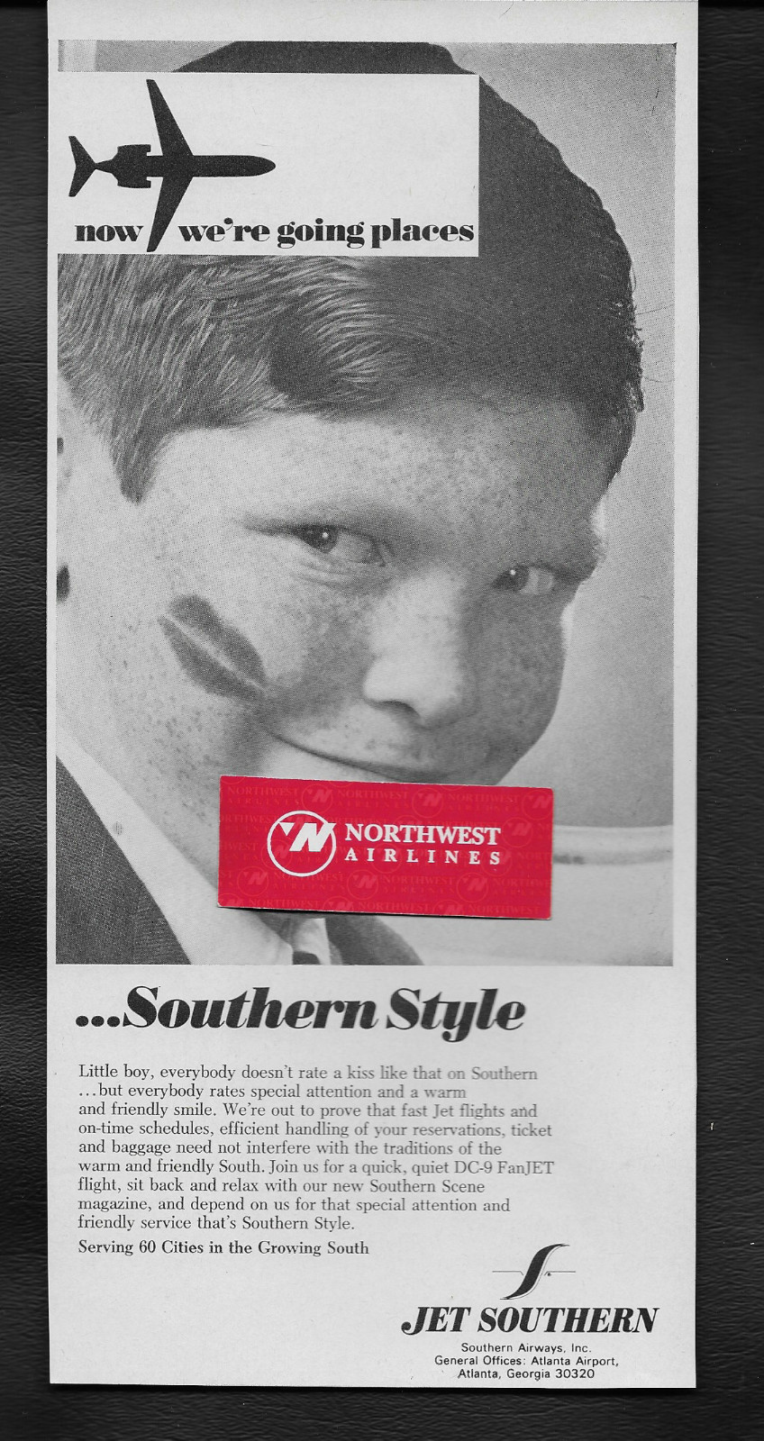 SOUTHERN AIRWAYS 1968 SOUTHERN STYLE- NOW WERE GOING PLACES LITTLE BOY AD