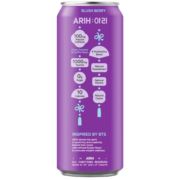 ARIH Postbiotic Energy Drink Zero Sugar Blush Berry 12 fl oz 4 Pack-free ship