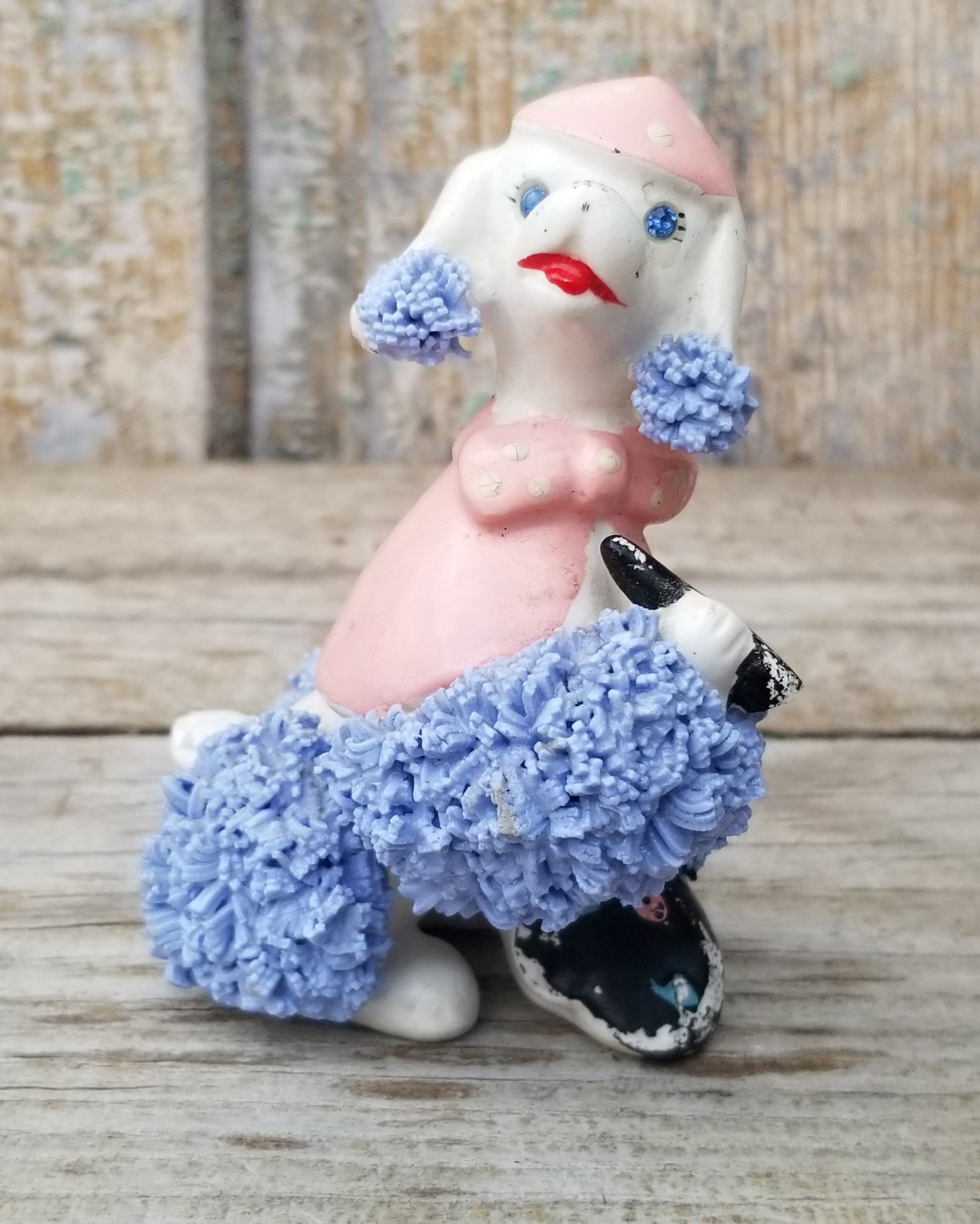 Vtg Pink & Blue Ceramic Spaghetti Poodles French Beret Artists 1950s MCM Kreiss