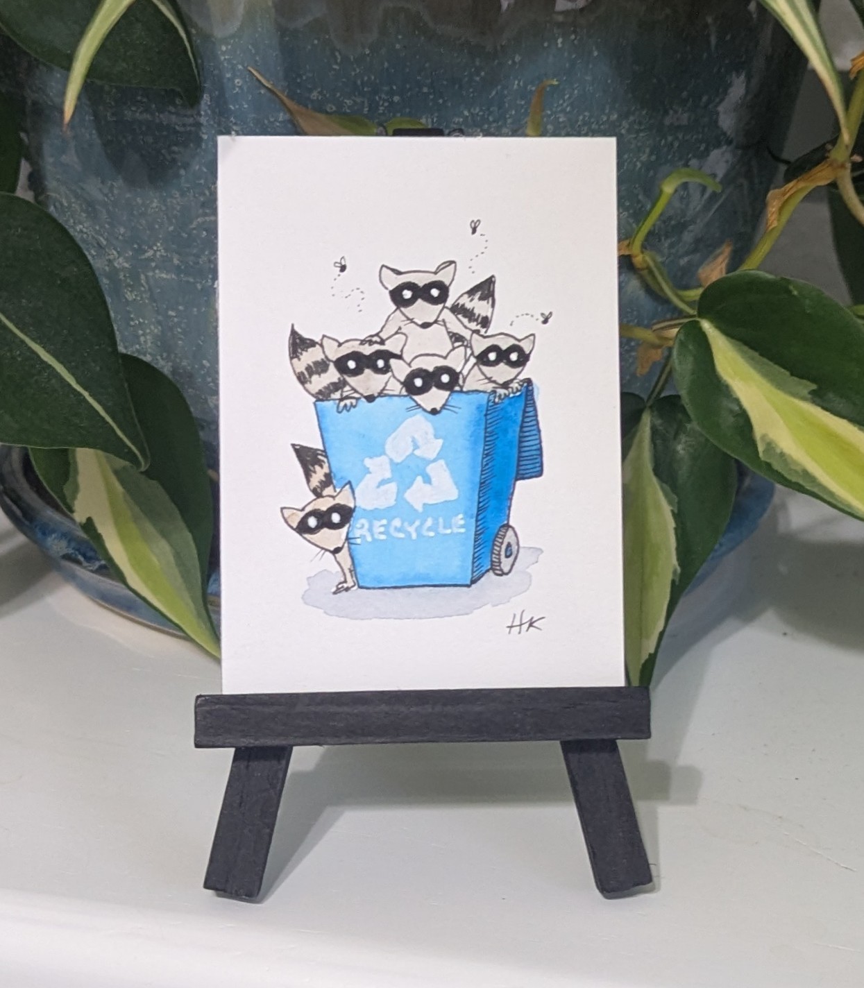 ACEO Original 2.5×3.5 watercolor painting raccoons recycle bin mischief