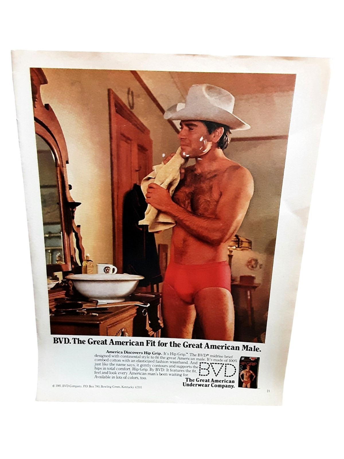 1981 BVD Underwear Vintage Print Ad Cowboy Red Briefs Hairy Chest