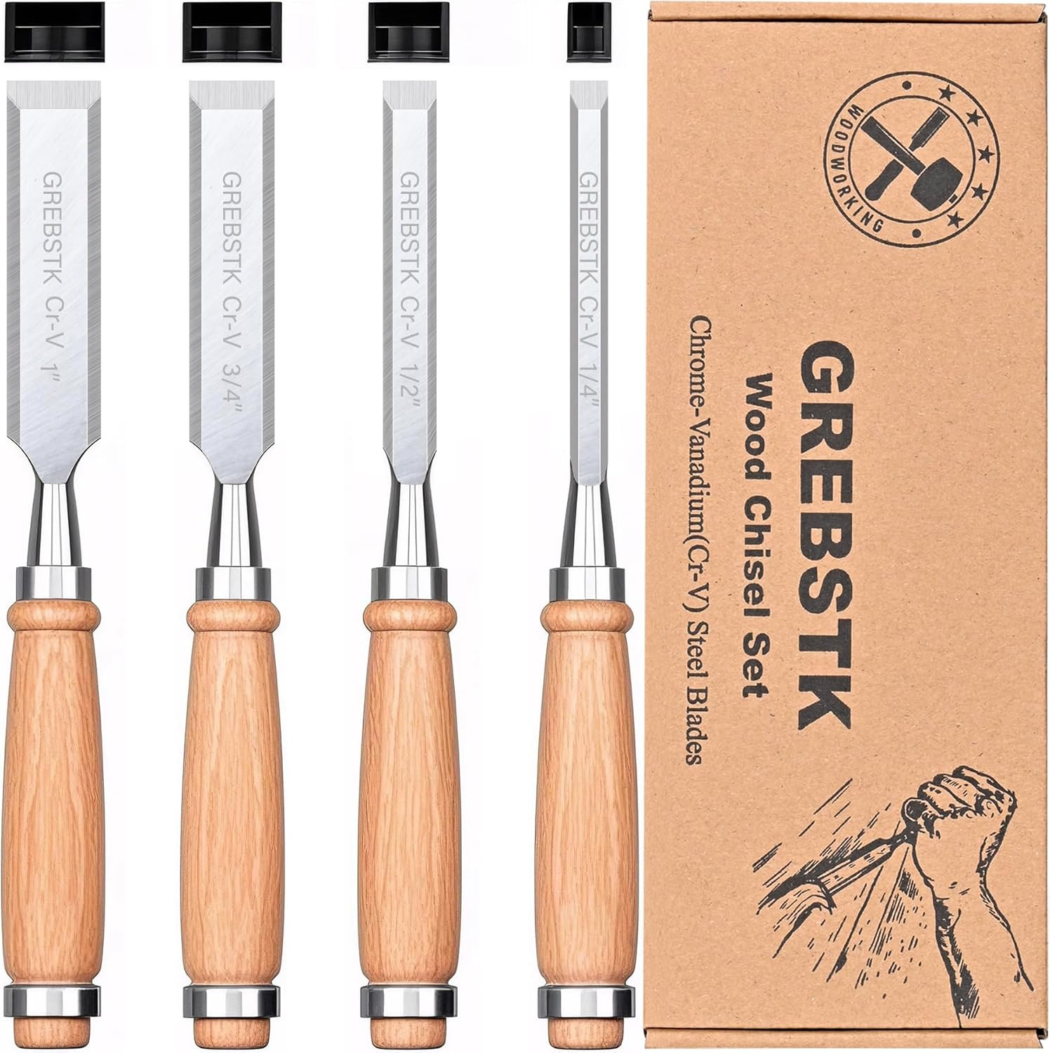 4 Pcs Wood Chisel Set CRV Steel Bevel Sharp Edge Bench Chisels with Safety Caps