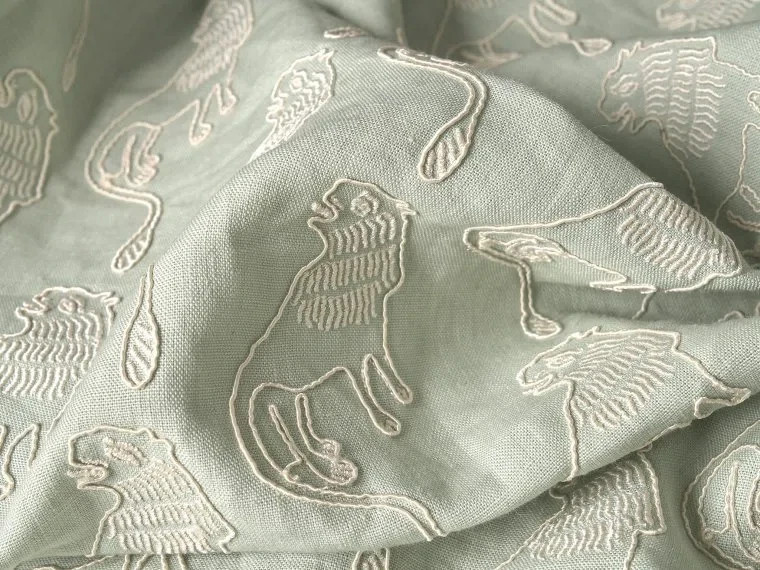 Pierre Frey ZARLAND COORDONNE Embroidered Lions on Celadon Linen Blend 2.55 yds