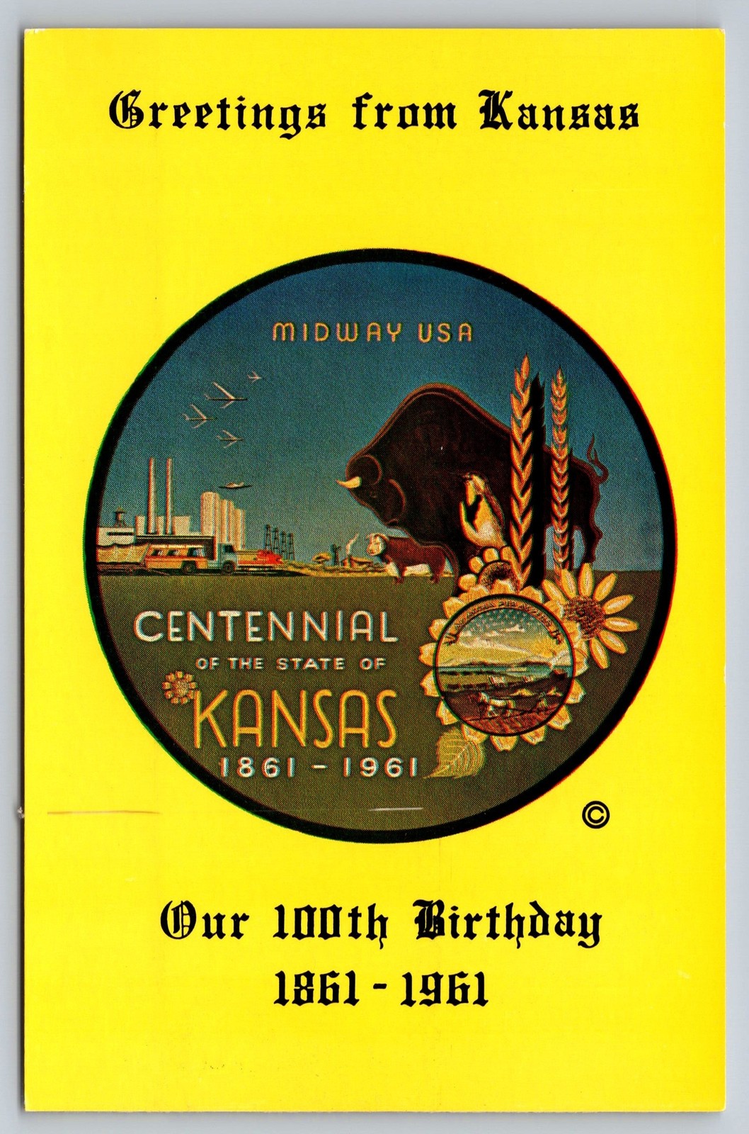 Kansas Centennial Seal Topeka KS Postcard state seal buffalo wheat covered wagon